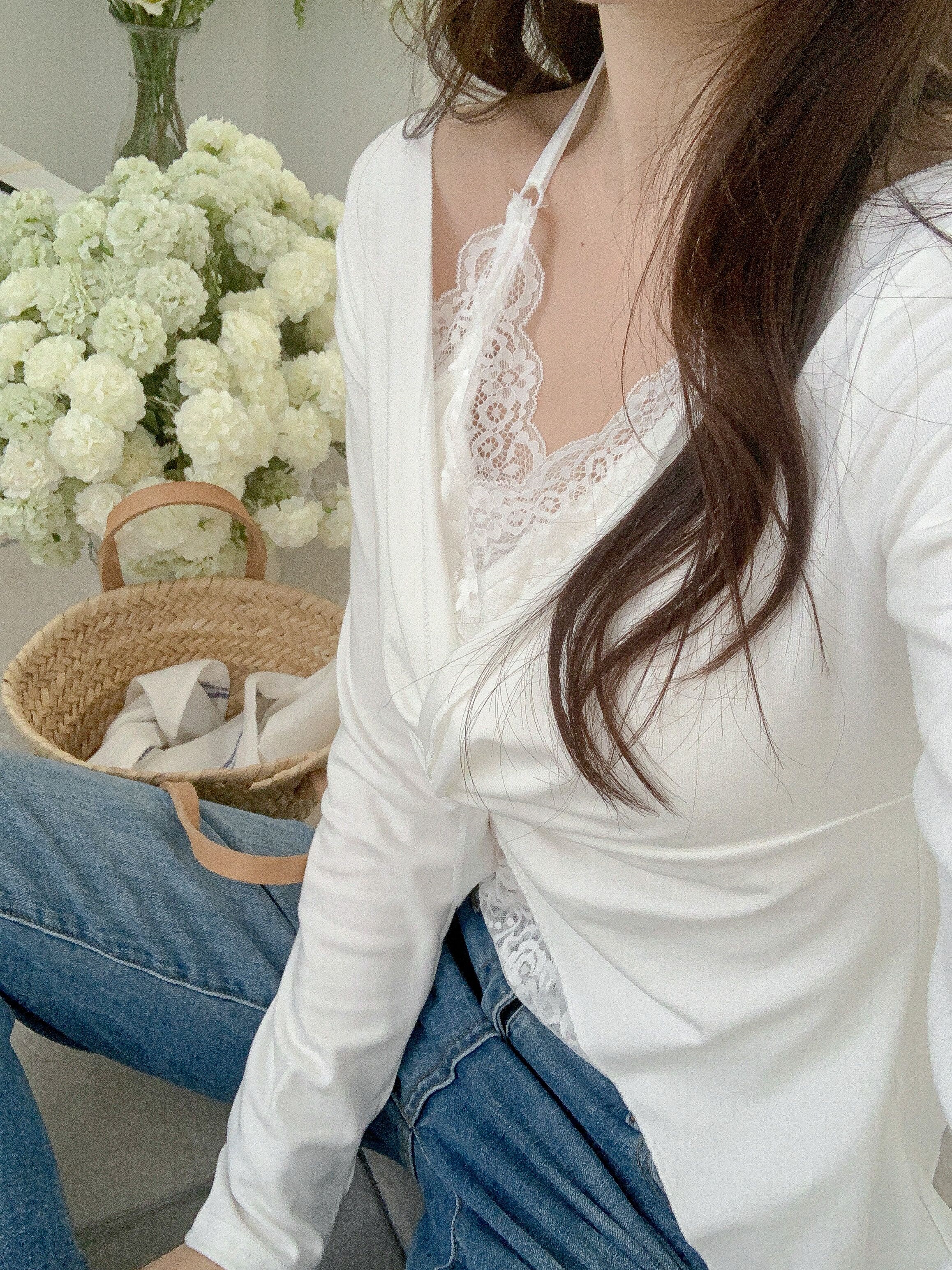 レースコンビVネックホルターネッククロップドスリムレイヤード風ツイスト長袖Tシャツカップ付 | 詳細画像21