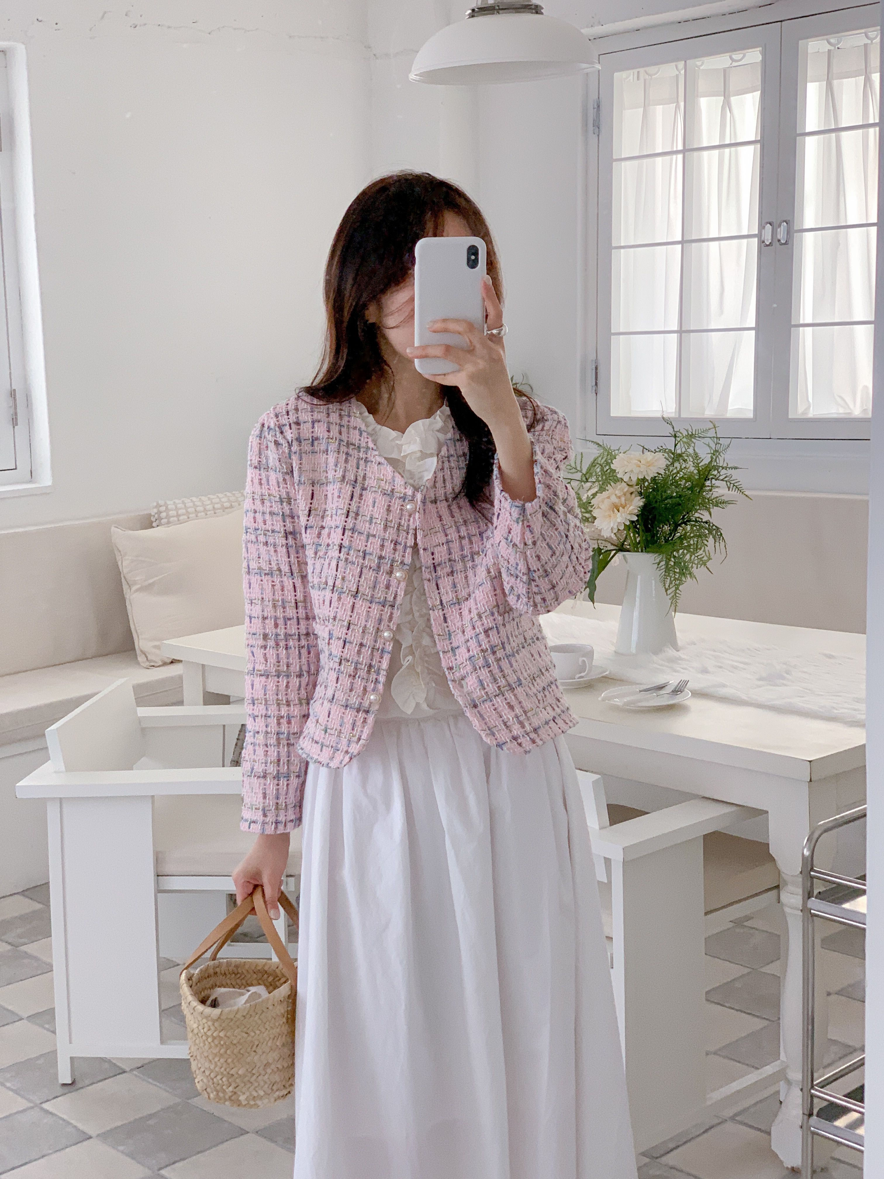 ツイードVネックパール調ボタンパフスリーブ長袖セミクロップドジャケット | 詳細画像3