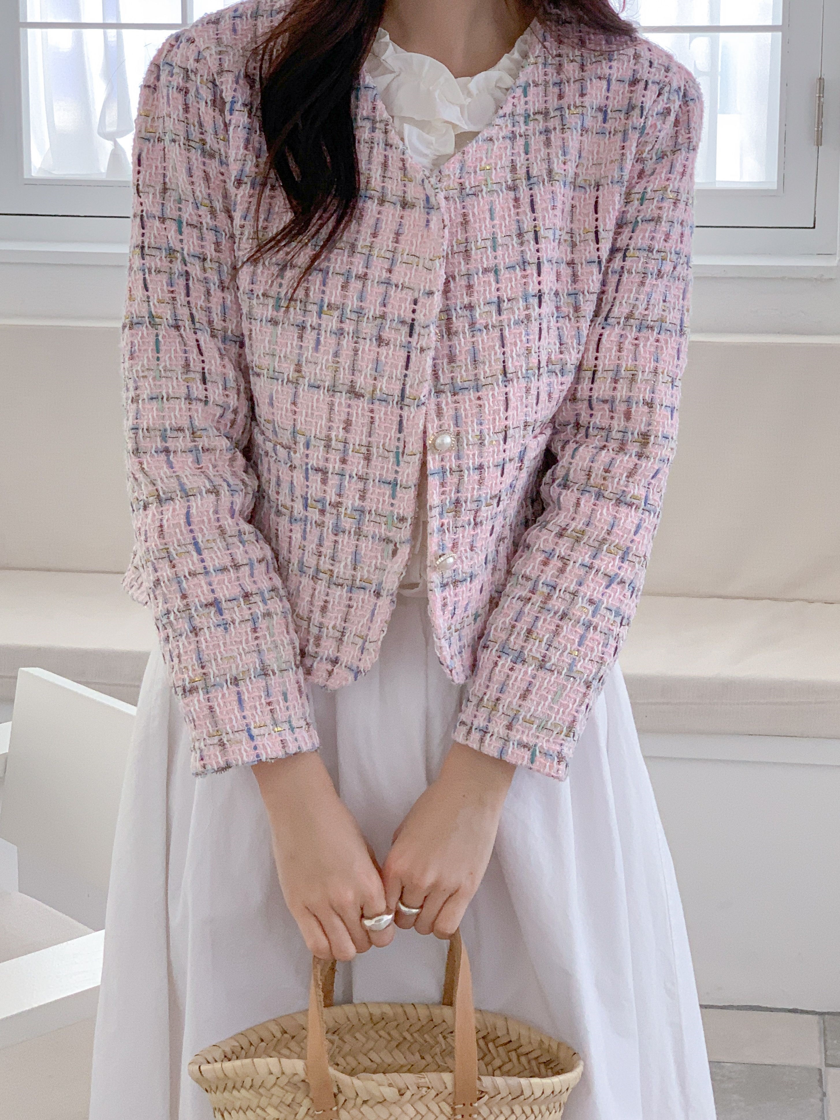 ツイードVネックパール調ボタンパフスリーブ長袖セミクロップドジャケット | 詳細画像4