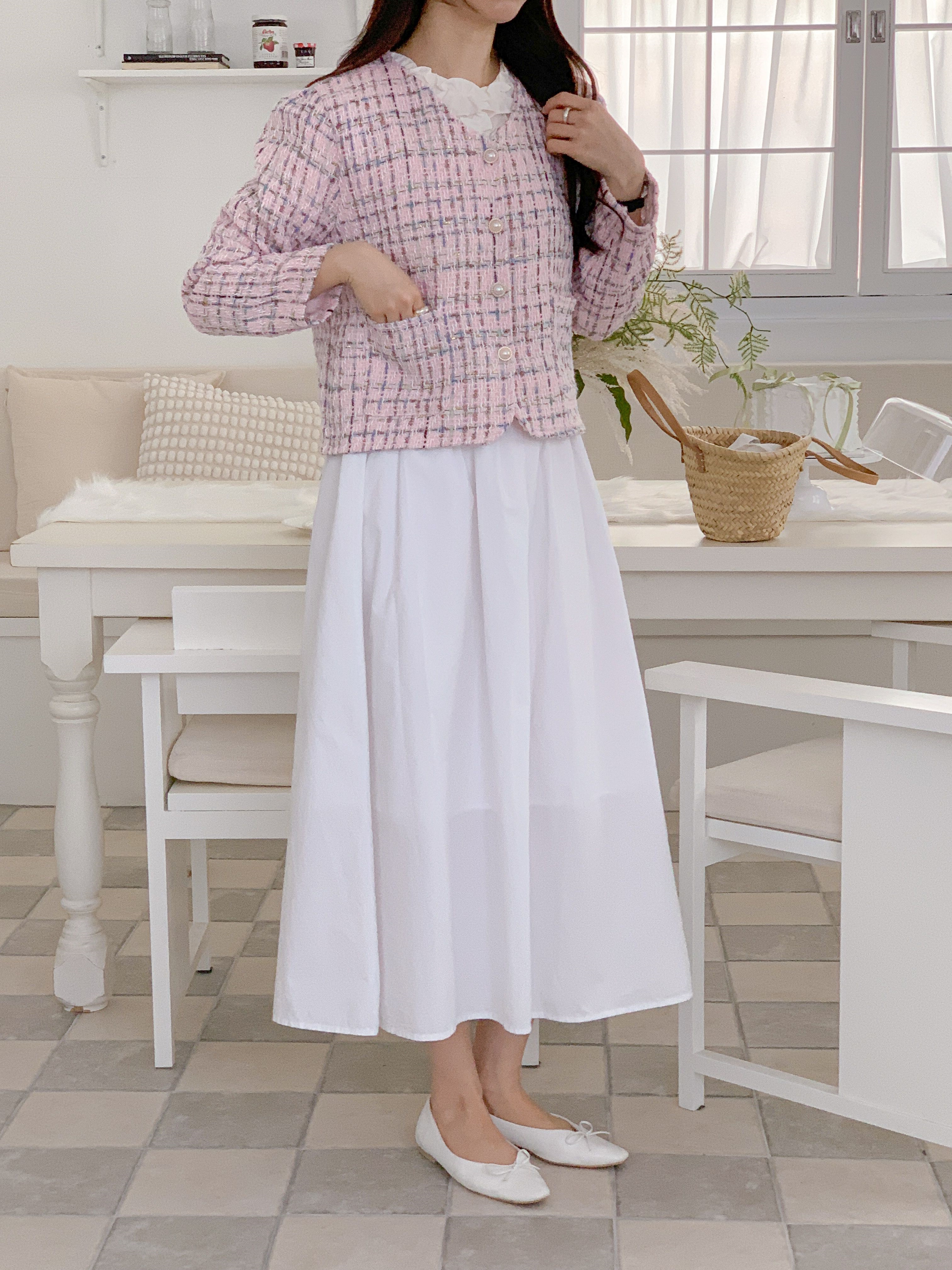 ツイードVネックパール調ボタンパフスリーブ長袖セミクロップドジャケット | 詳細画像7