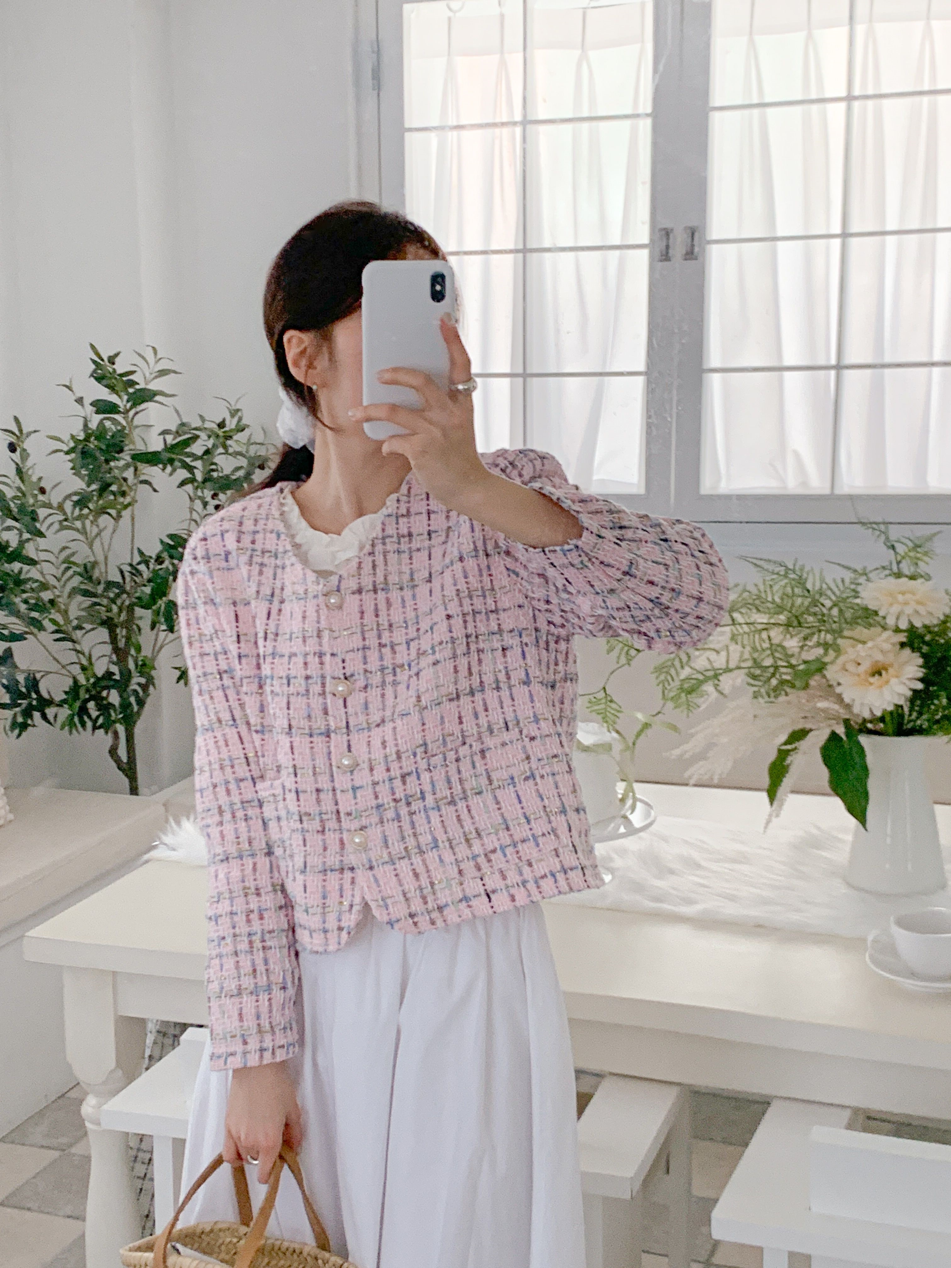 ツイードVネックパール調ボタンパフスリーブ長袖セミクロップドジャケット | 詳細画像8