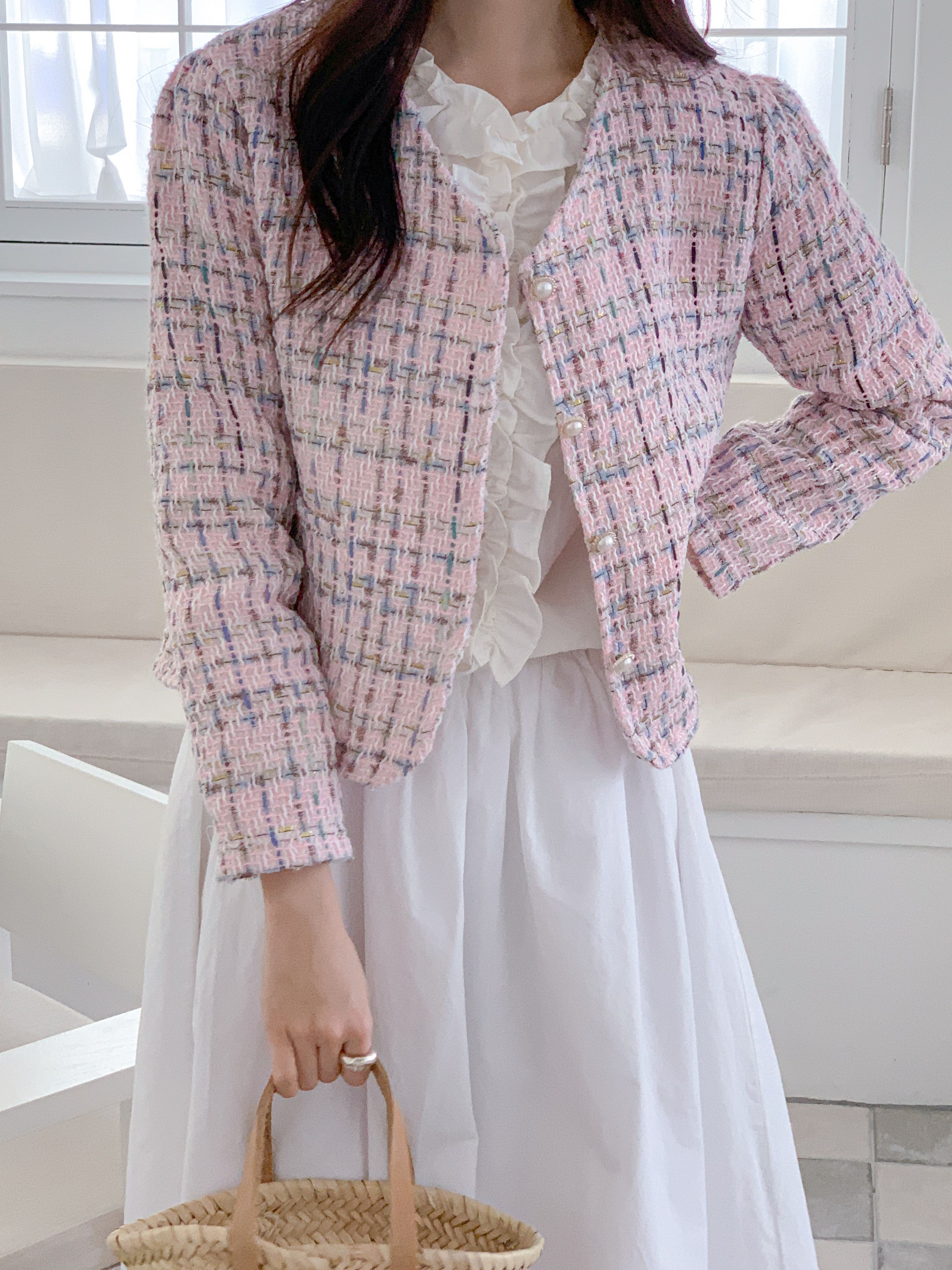 ツイードVネックパール調ボタンパフスリーブ長袖セミクロップドジャケット | 詳細画像9