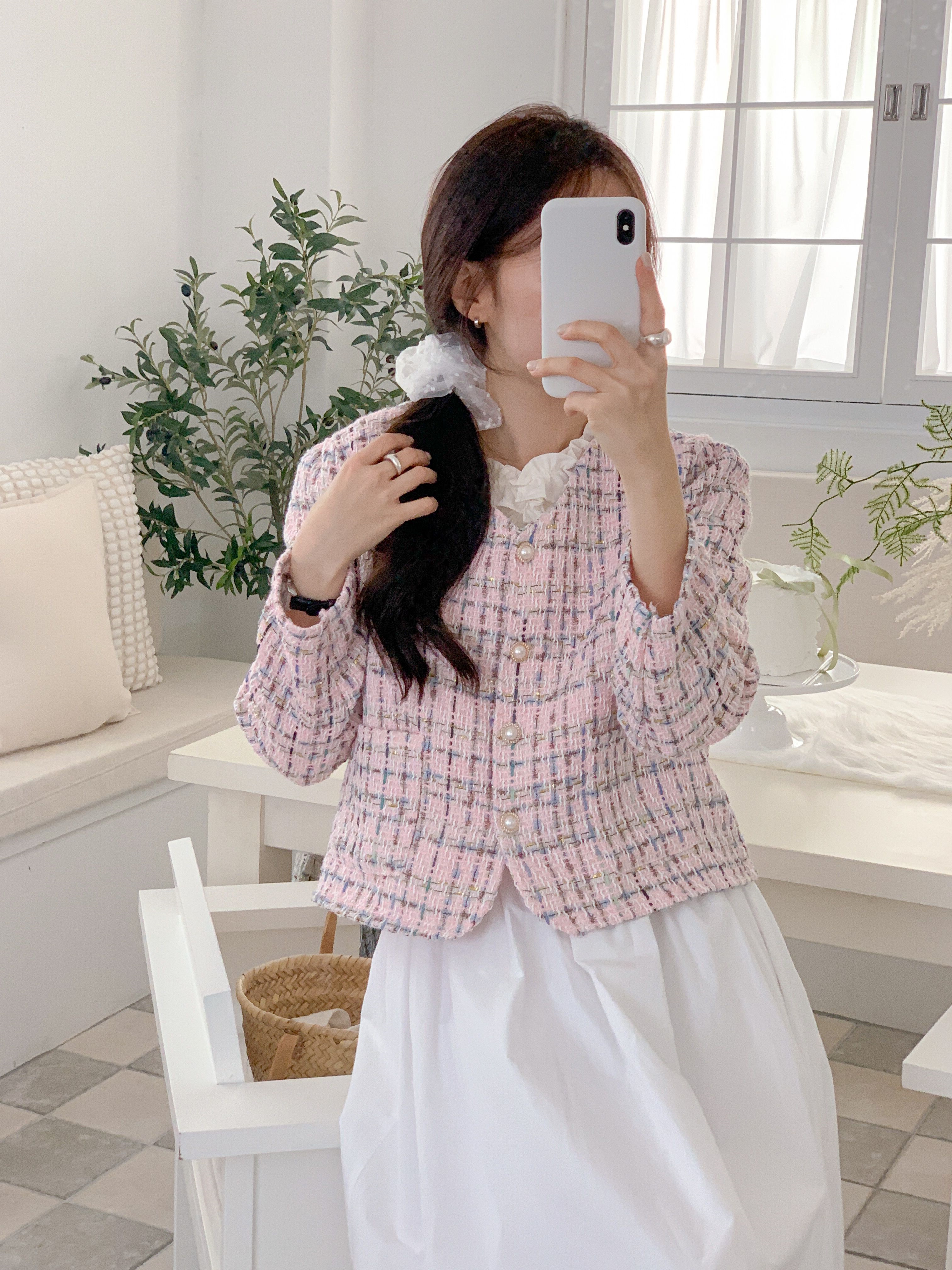 ツイードVネックパール調ボタンパフスリーブ長袖セミクロップドジャケット | 詳細画像10