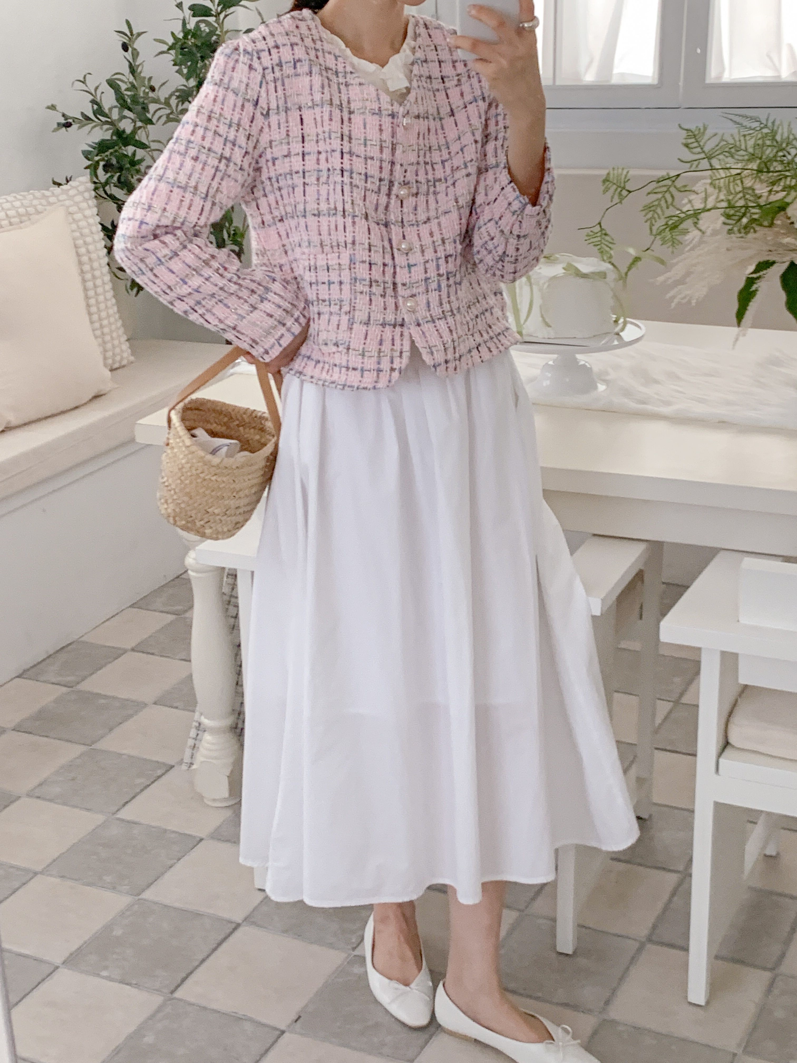 ツイードVネックパール調ボタンパフスリーブ長袖セミクロップドジャケット | 詳細画像12