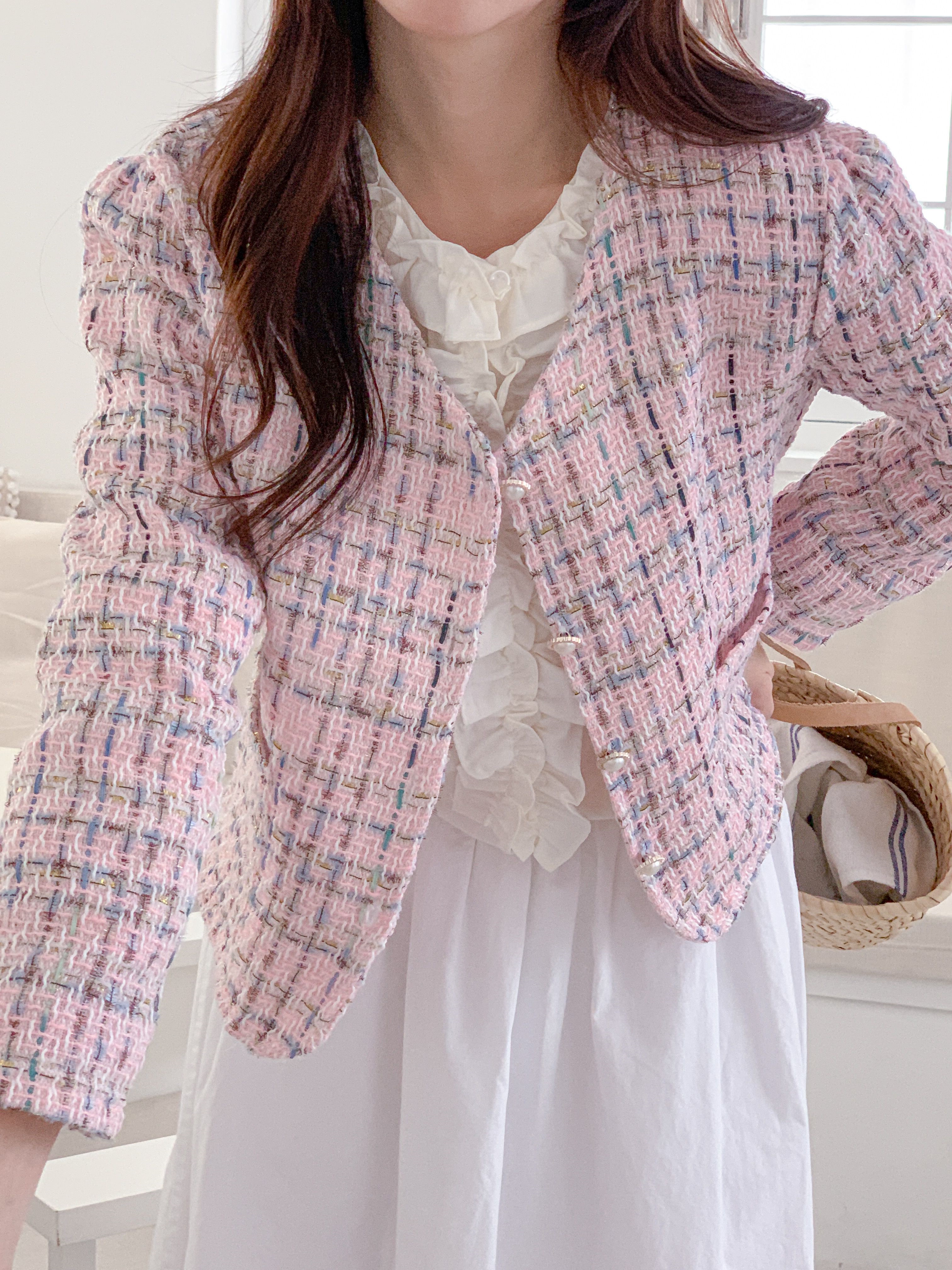 ツイードVネックパール調ボタンパフスリーブ長袖セミクロップドジャケット | 詳細画像13