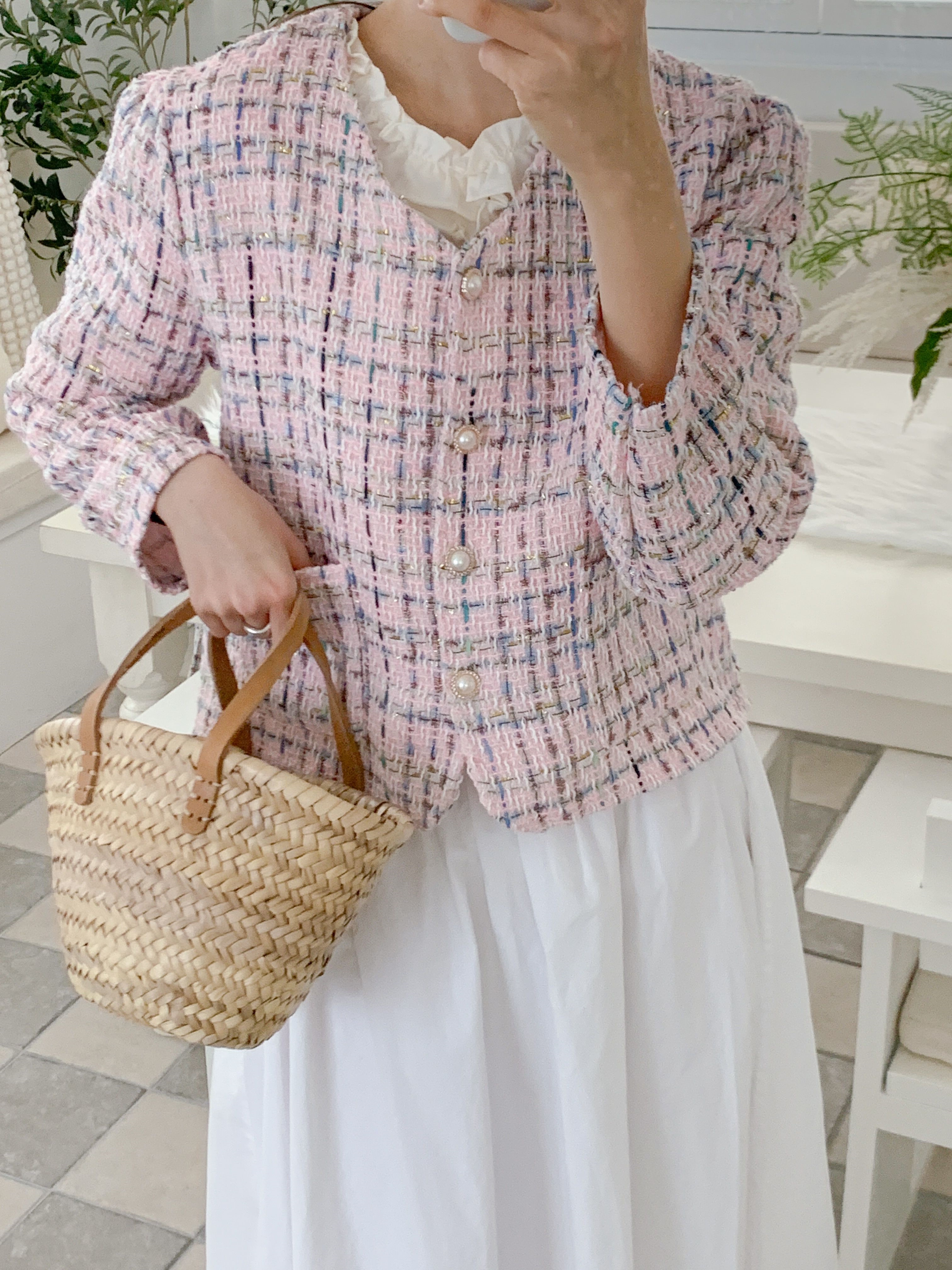 ツイードVネックパール調ボタンパフスリーブ長袖セミクロップドジャケット | 詳細画像14