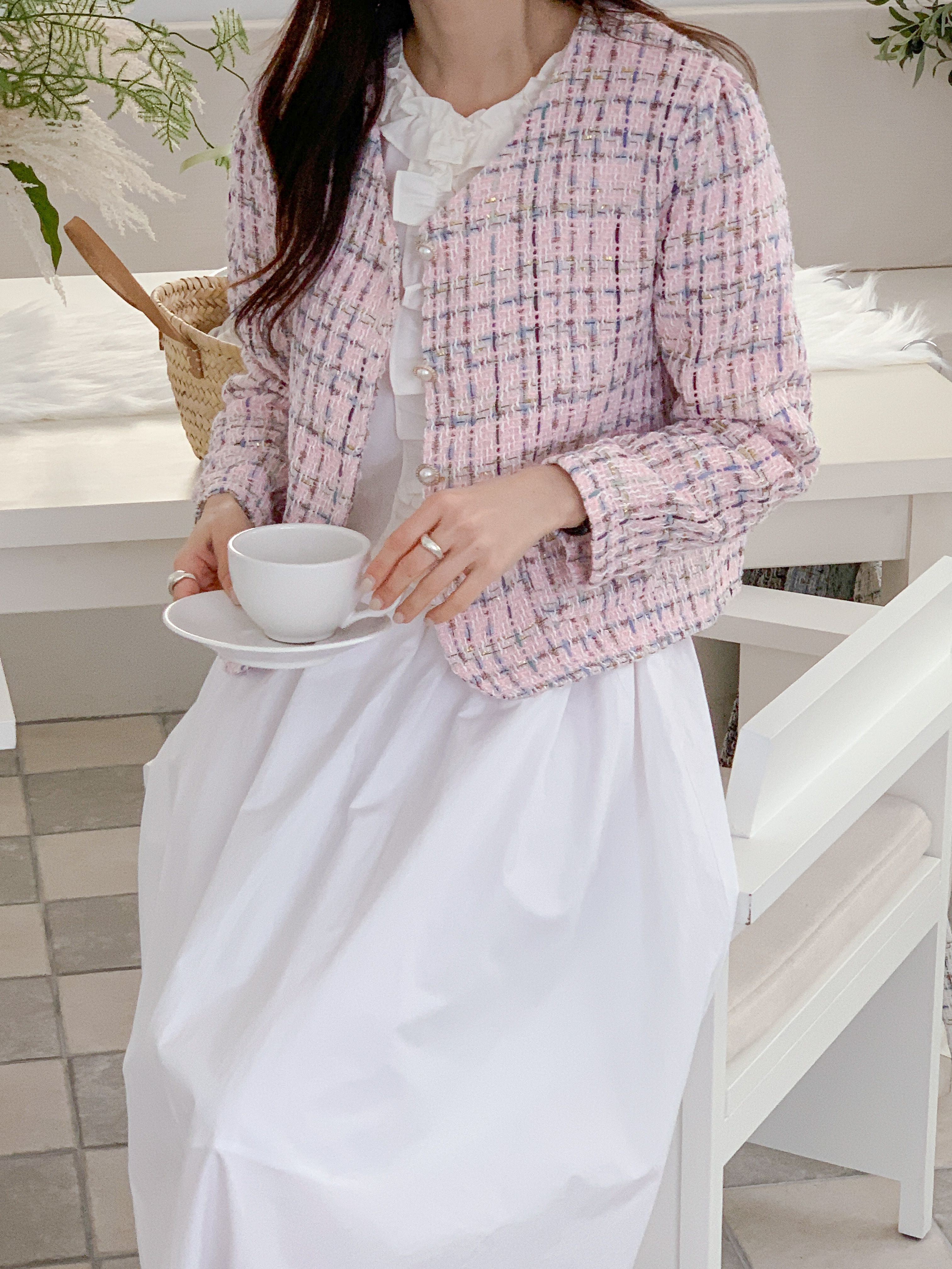 ツイードVネックパール調ボタンパフスリーブ長袖セミクロップドジャケット | 詳細画像15