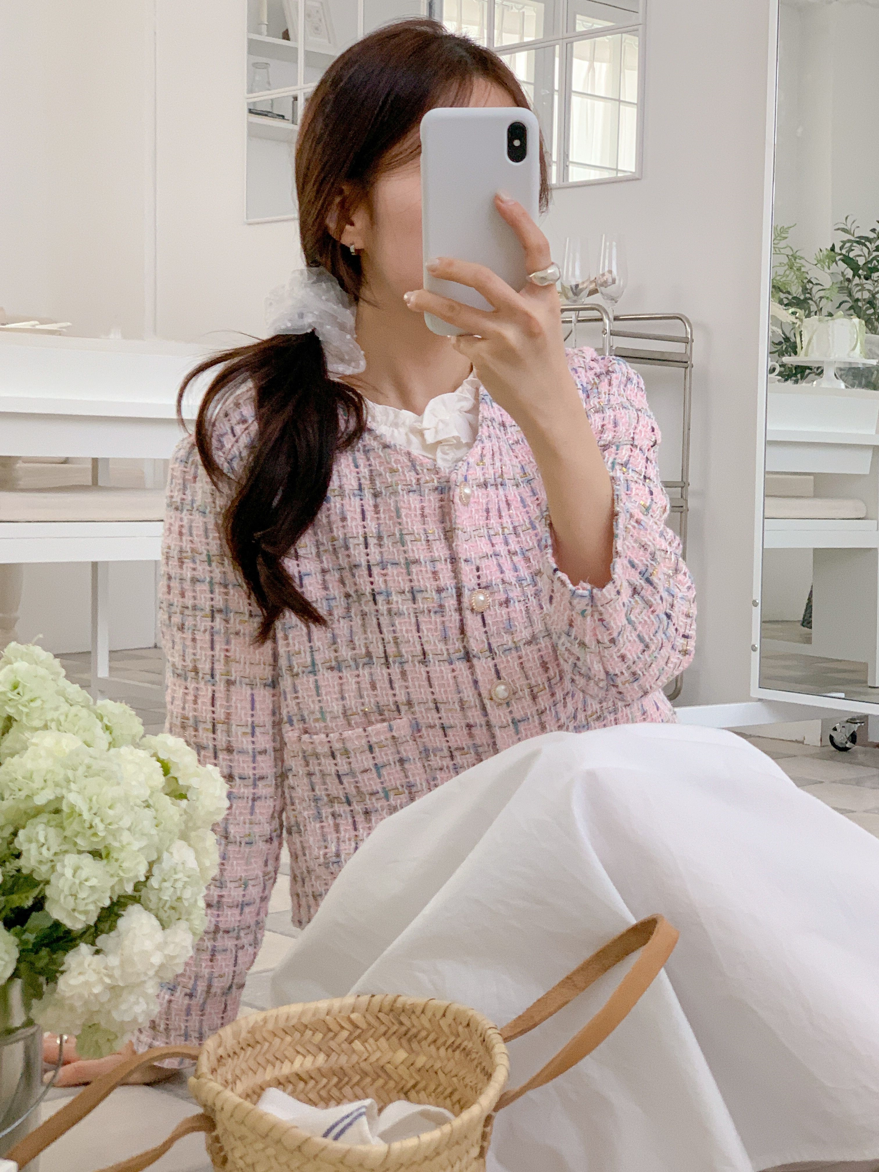 ツイードVネックパール調ボタンパフスリーブ長袖セミクロップドジャケット | 詳細画像16