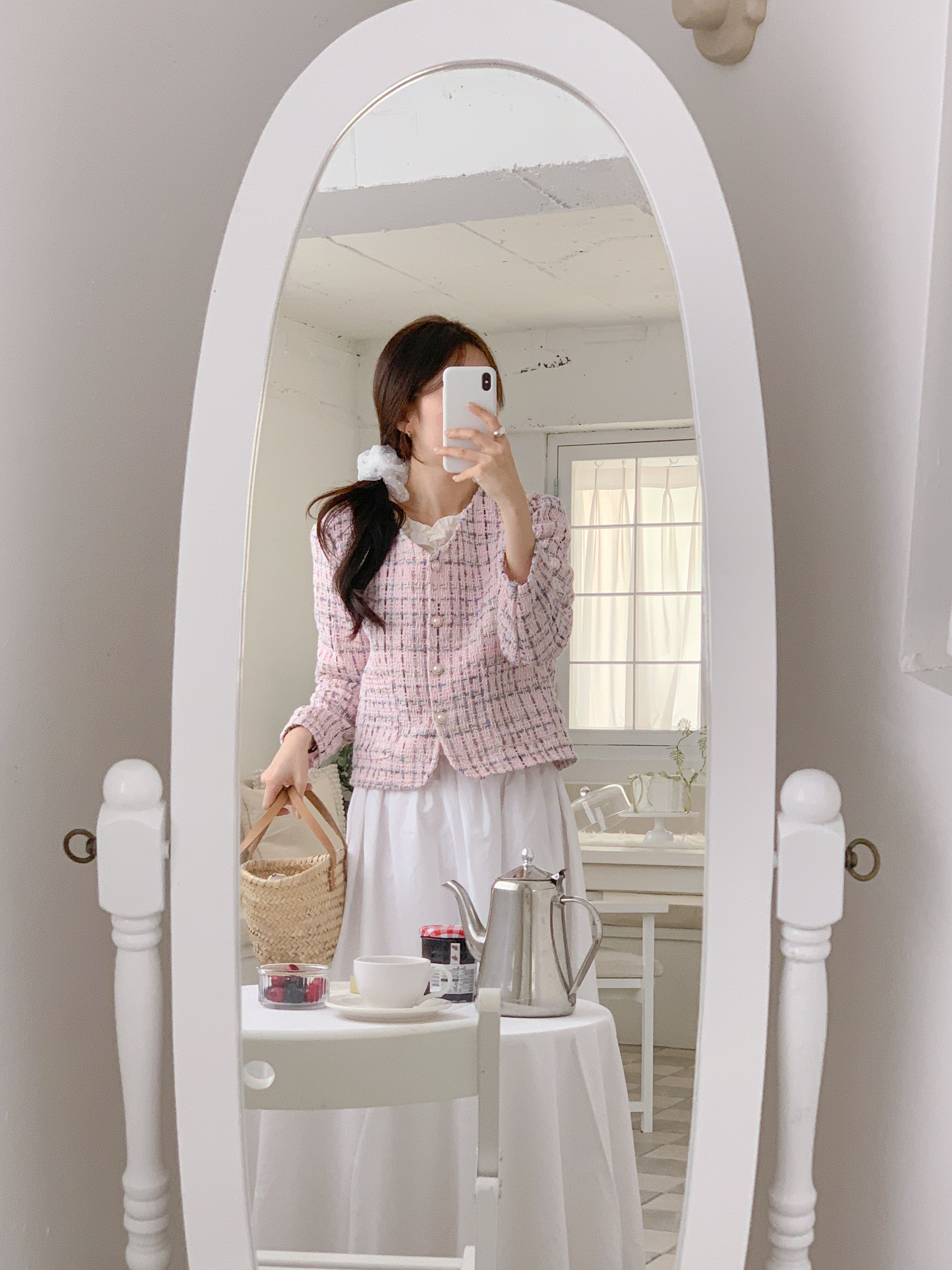 ツイードVネックパール調ボタンパフスリーブ長袖セミクロップドジャケット | 詳細画像18