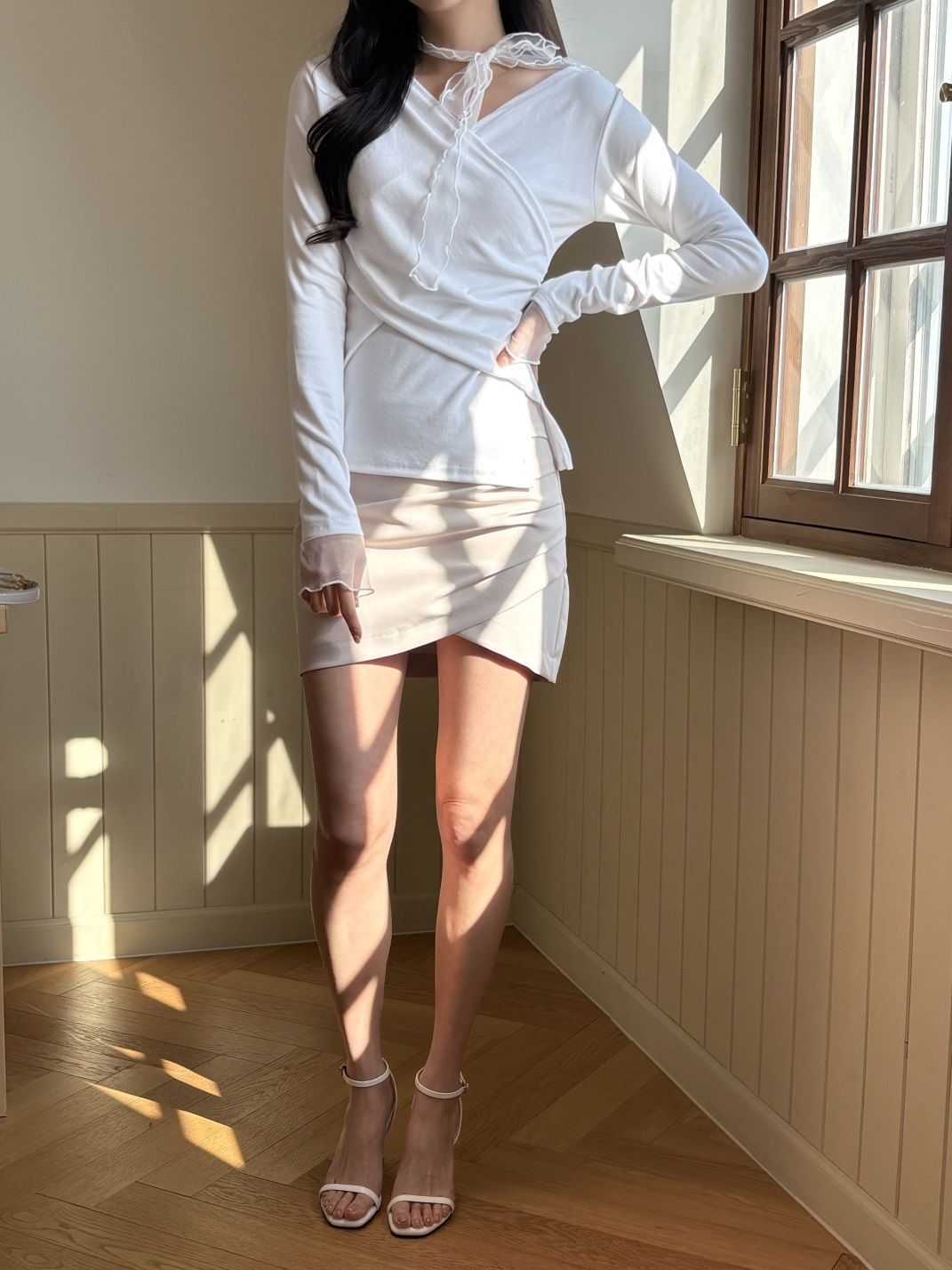 コンビVネックスリットスリムベルスリーブカシュクールアンバランス長袖ギャザーダイアゴナル無地Tシャツストラップ付 | 詳細画像14