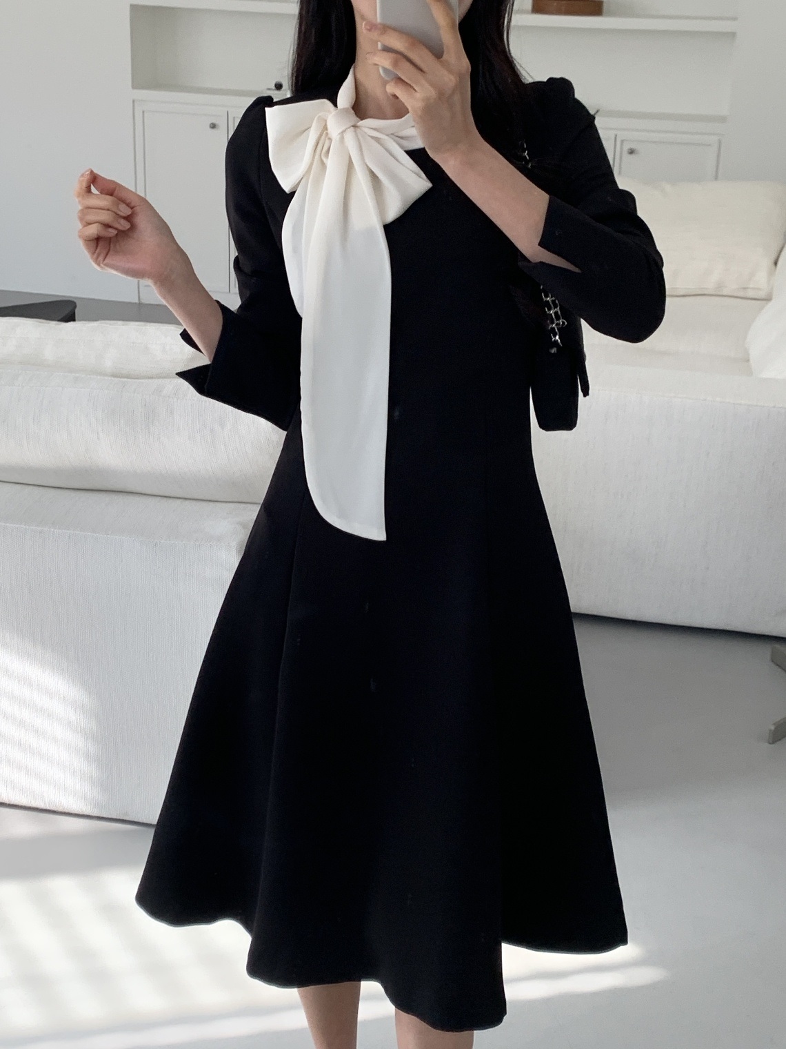 肩パッドラインHライン長袖フレアAラインスカーフネックヒドゥンジッパー配色ワンピース | 詳細画像2