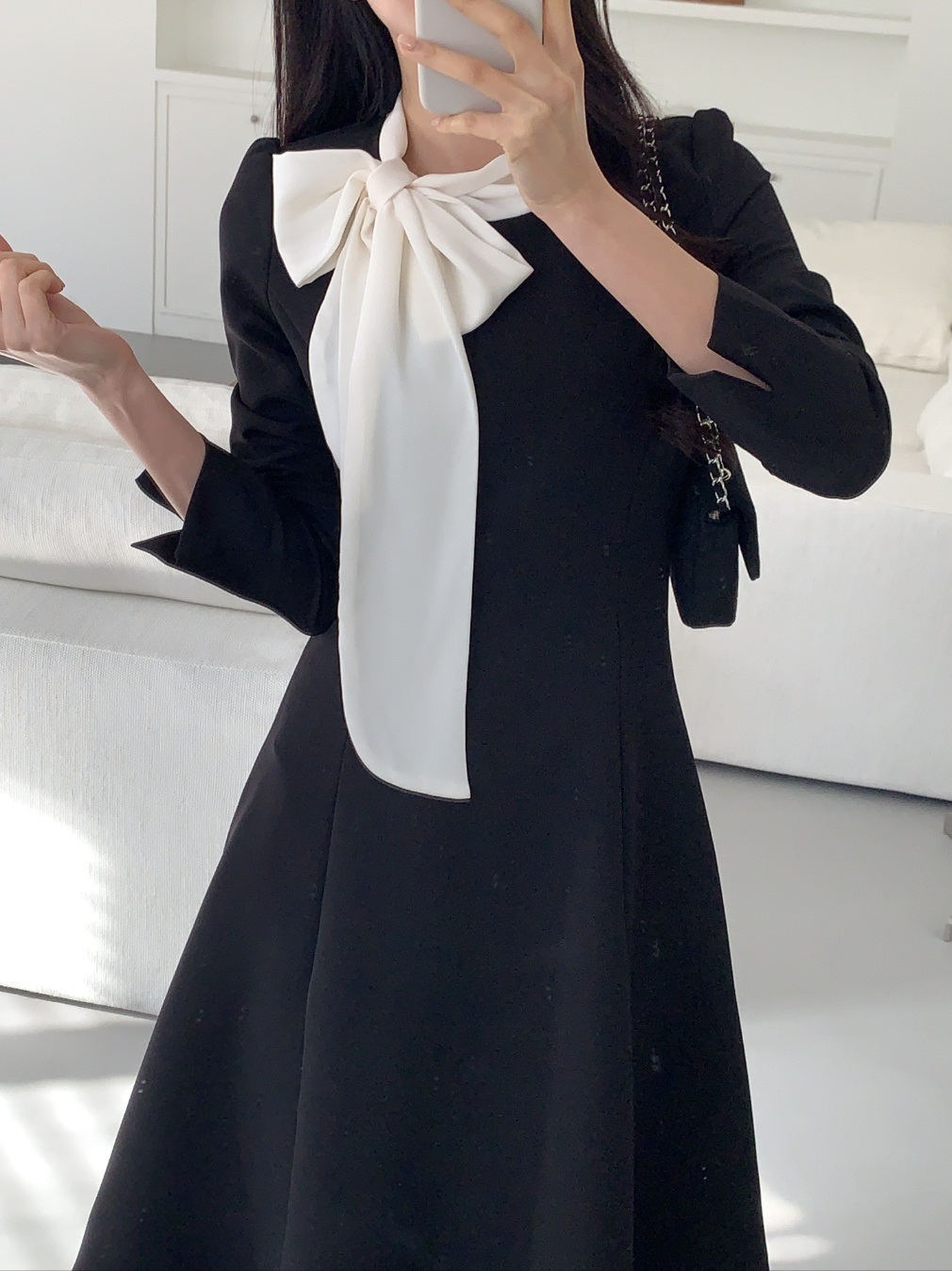 肩パッドラインHライン長袖フレアAラインスカーフネックヒドゥンジッパー配色ワンピース | 詳細画像3