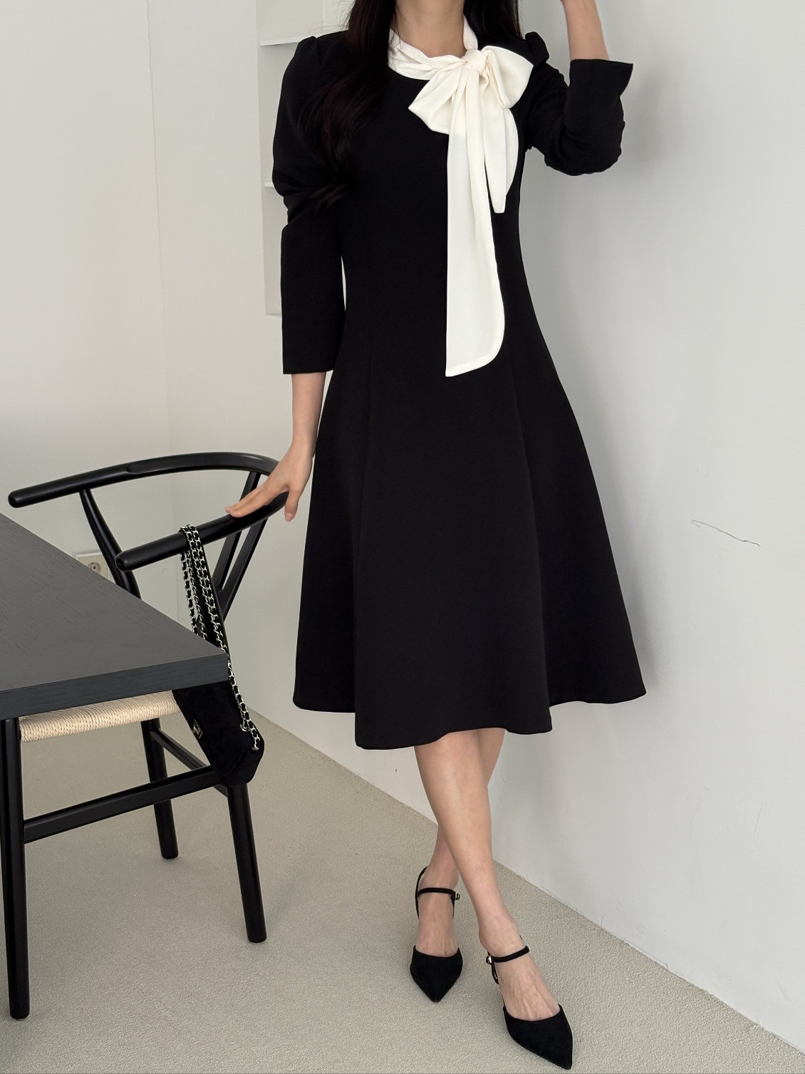 肩パッドラインHライン長袖フレアAラインスカーフネックヒドゥンジッパー配色ワンピース | 詳細画像5