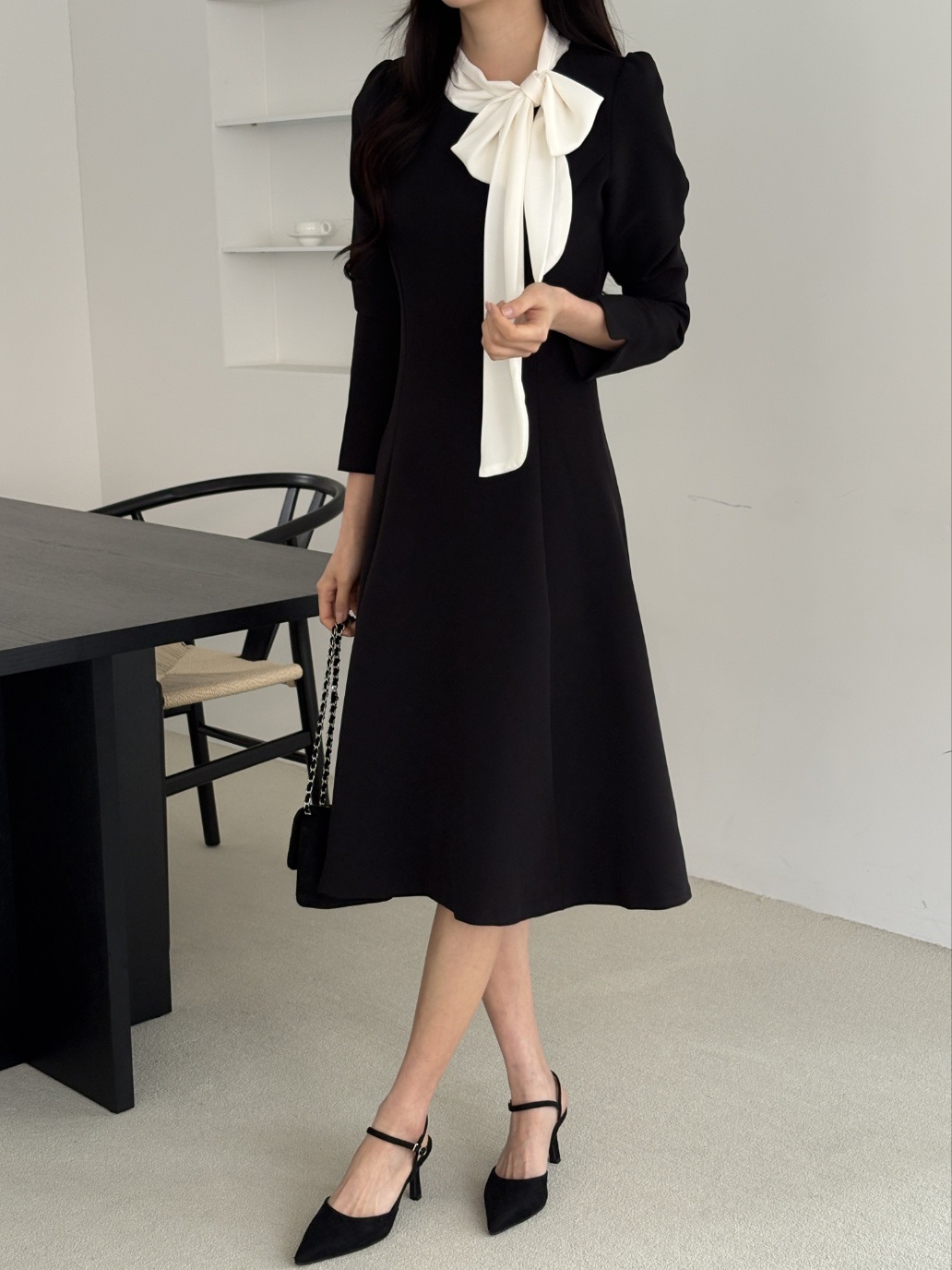 肩パッドラインHライン長袖フレアAラインスカーフネックヒドゥンジッパー配色ワンピース | 詳細画像7