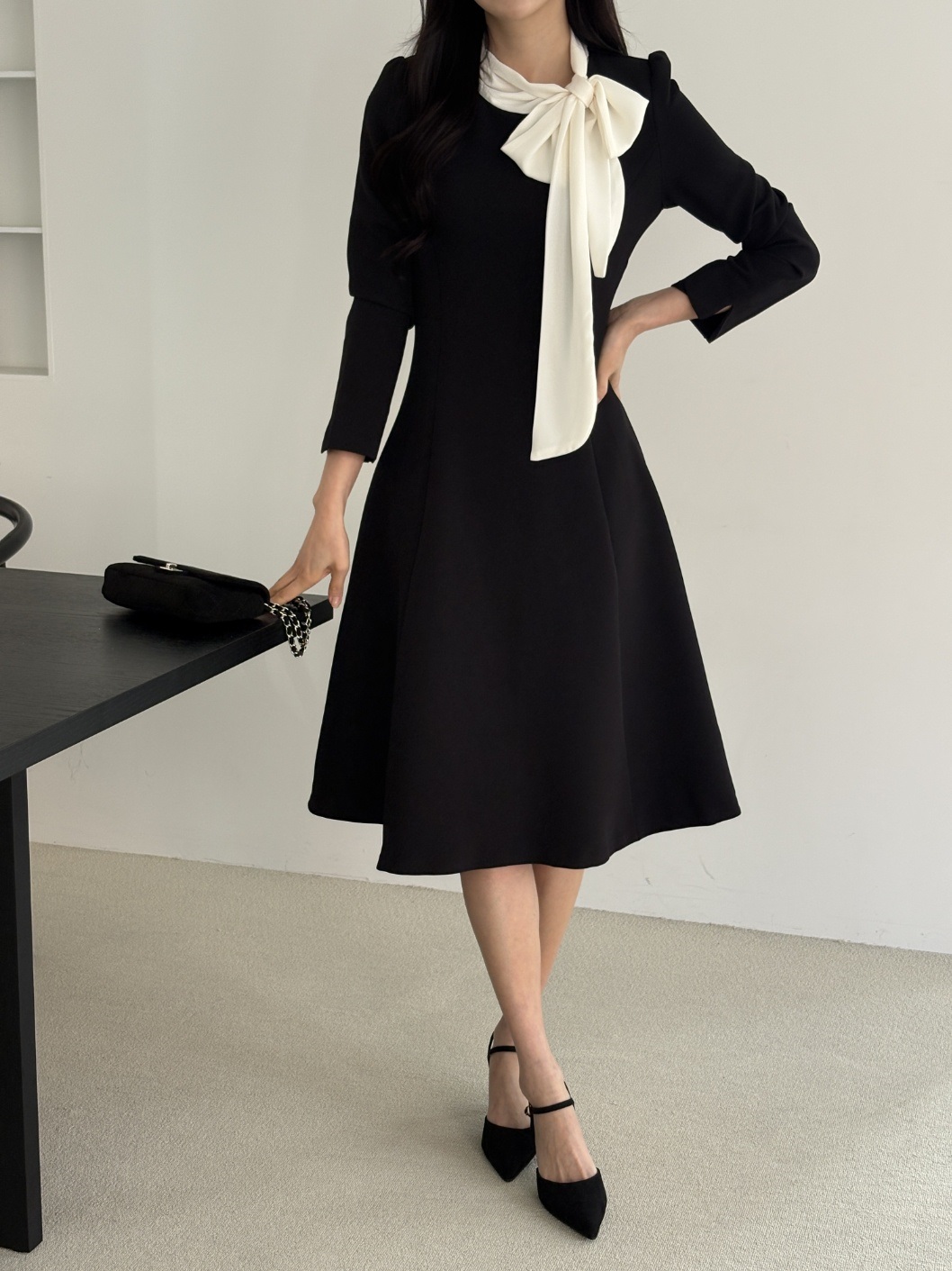 肩パッドラインHライン長袖フレアAラインスカーフネックヒドゥンジッパー配色ワンピース | 詳細画像8