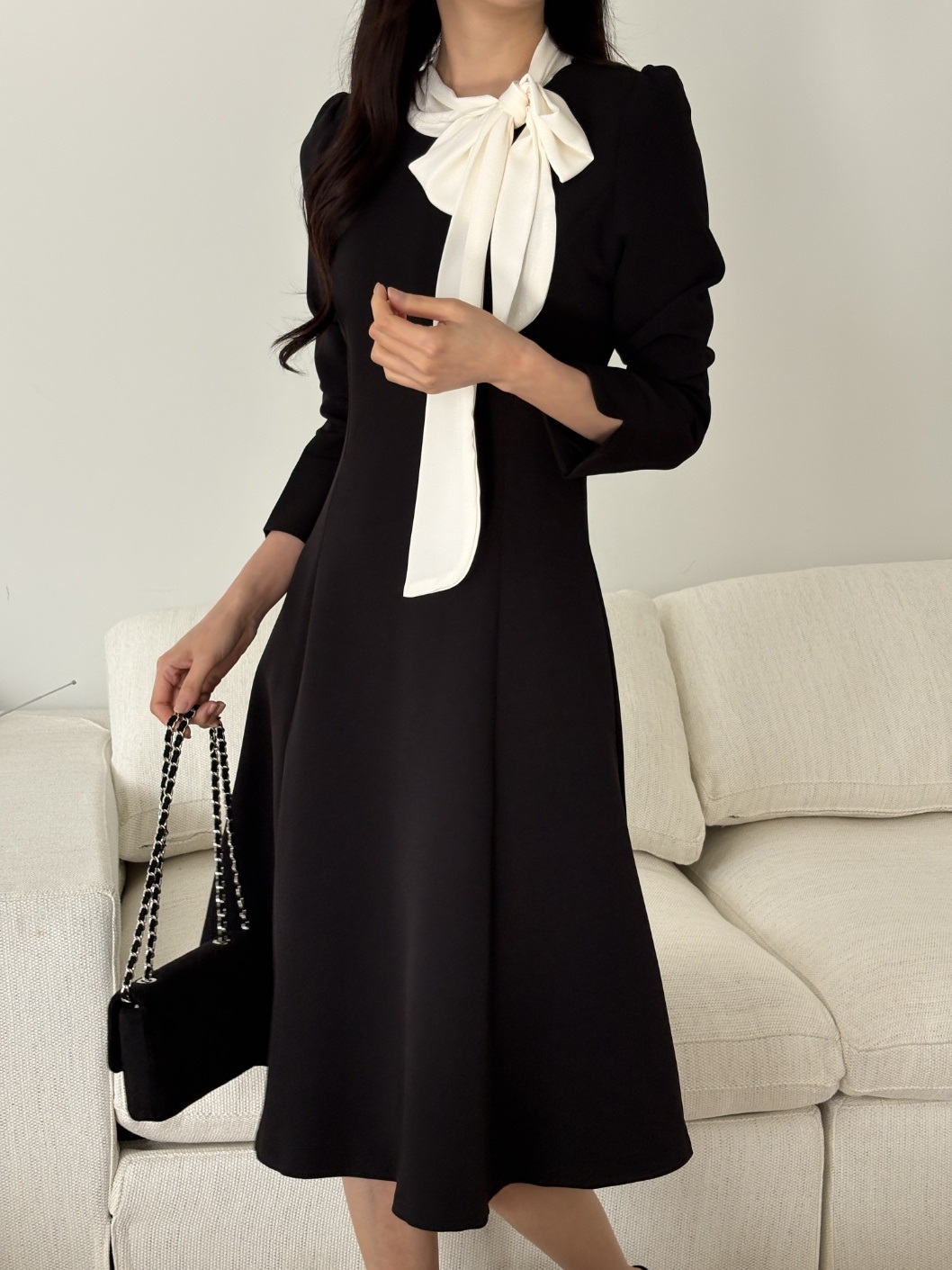 肩パッドラインHライン長袖フレアAラインスカーフネックヒドゥンジッパー配色ワンピース | 詳細画像10