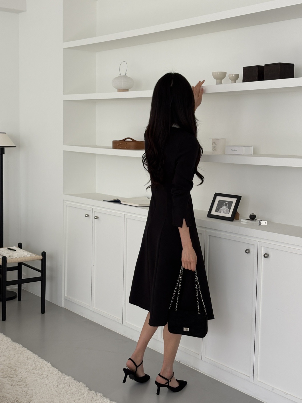 肩パッドラインHライン長袖フレアAラインスカーフネックヒドゥンジッパー配色ワンピース | 詳細画像13