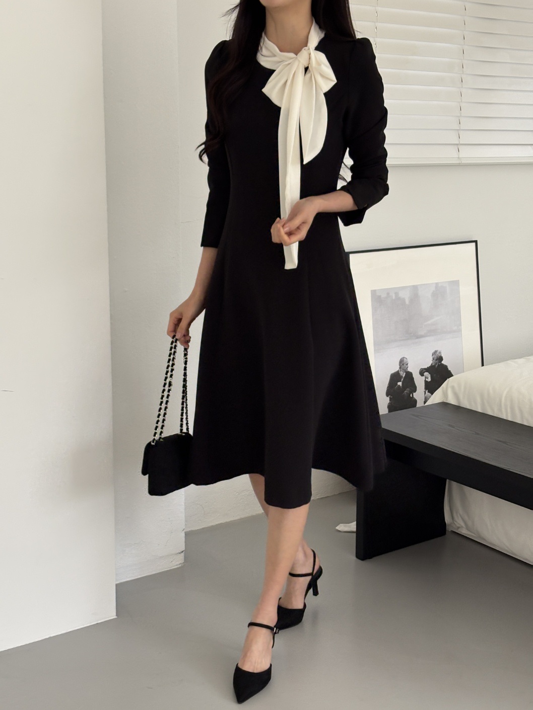 肩パッドラインHライン長袖フレアAラインスカーフネックヒドゥンジッパー配色ワンピース | 詳細画像14