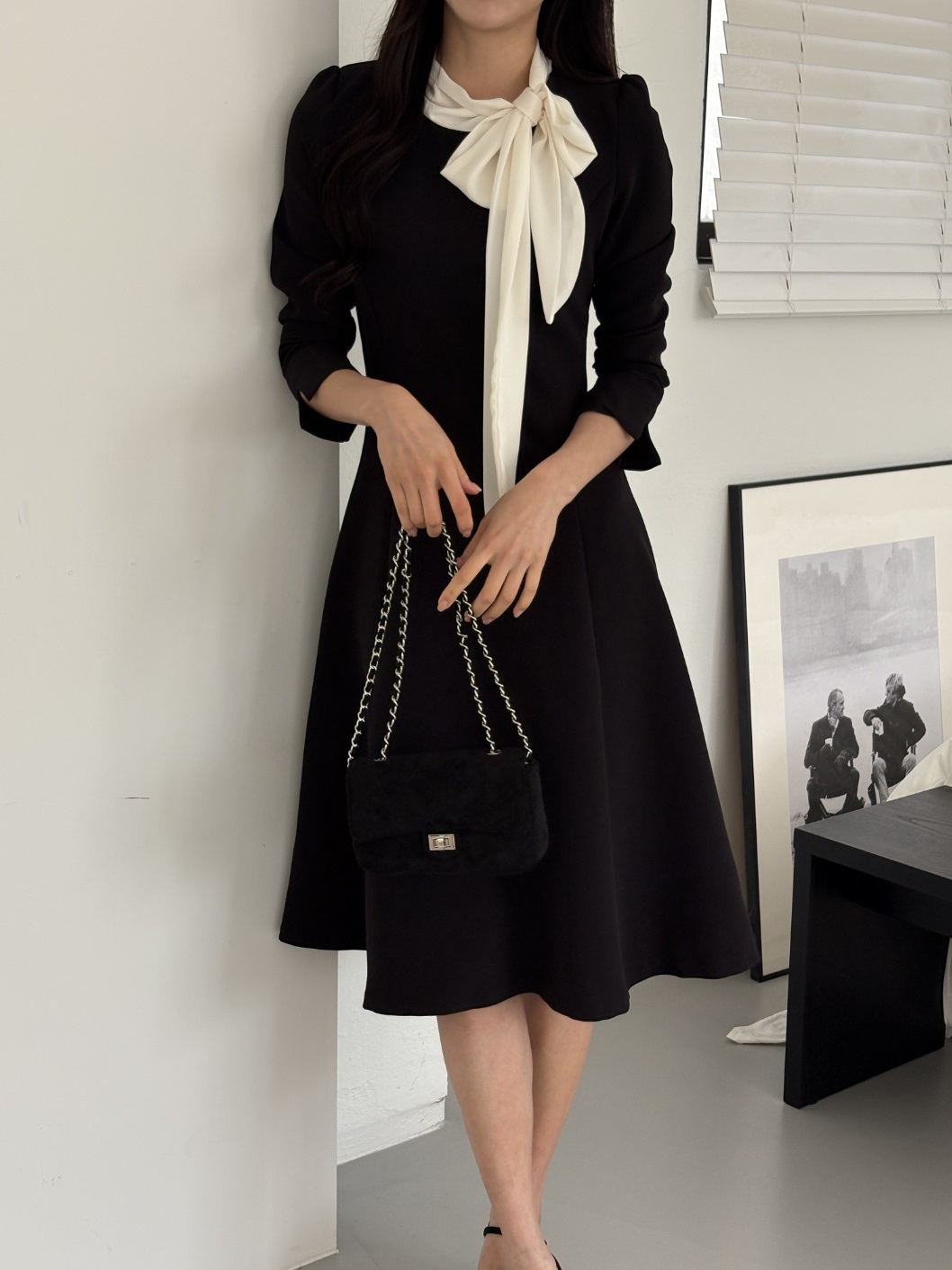 肩パッドラインHライン長袖フレアAラインスカーフネックヒドゥンジッパー配色ワンピース | 詳細画像15