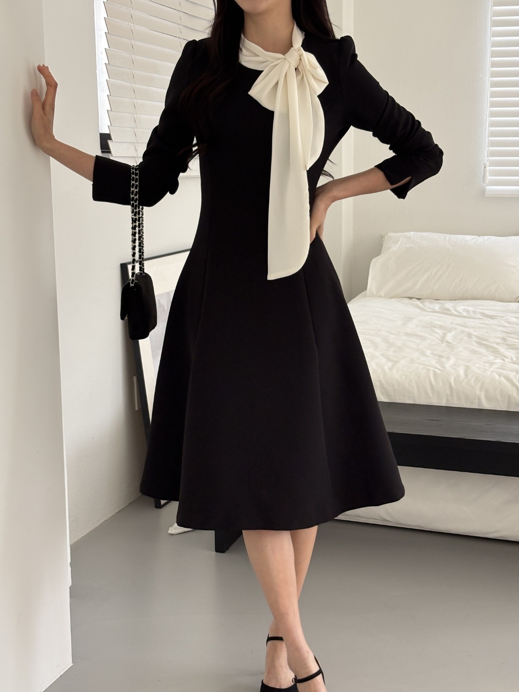 肩パッドラインHライン長袖フレアAラインスカーフネックヒドゥンジッパー配色ワンピース | 詳細画像16