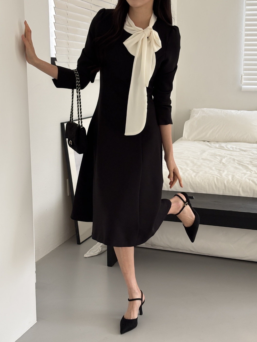 肩パッドラインHライン長袖フレアAラインスカーフネックヒドゥンジッパー配色ワンピース | 詳細画像17