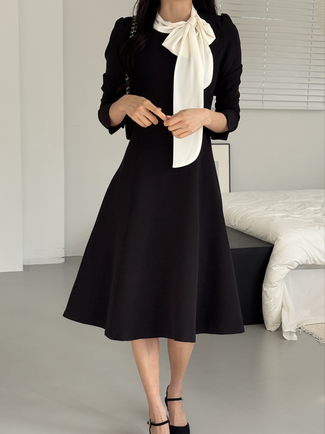 肩パッドラインHライン長袖フレアAラインスカーフネックヒドゥンジッパー配色ワンピース | 詳細画像20