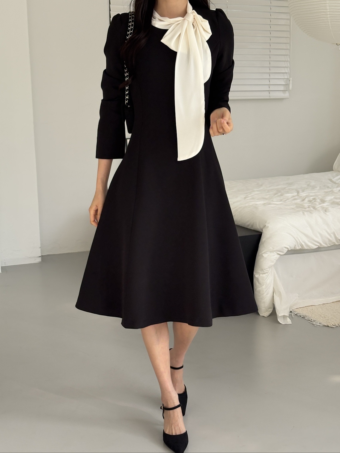 肩パッドラインHライン長袖フレアAラインスカーフネックヒドゥンジッパー配色ワンピース | 詳細画像19