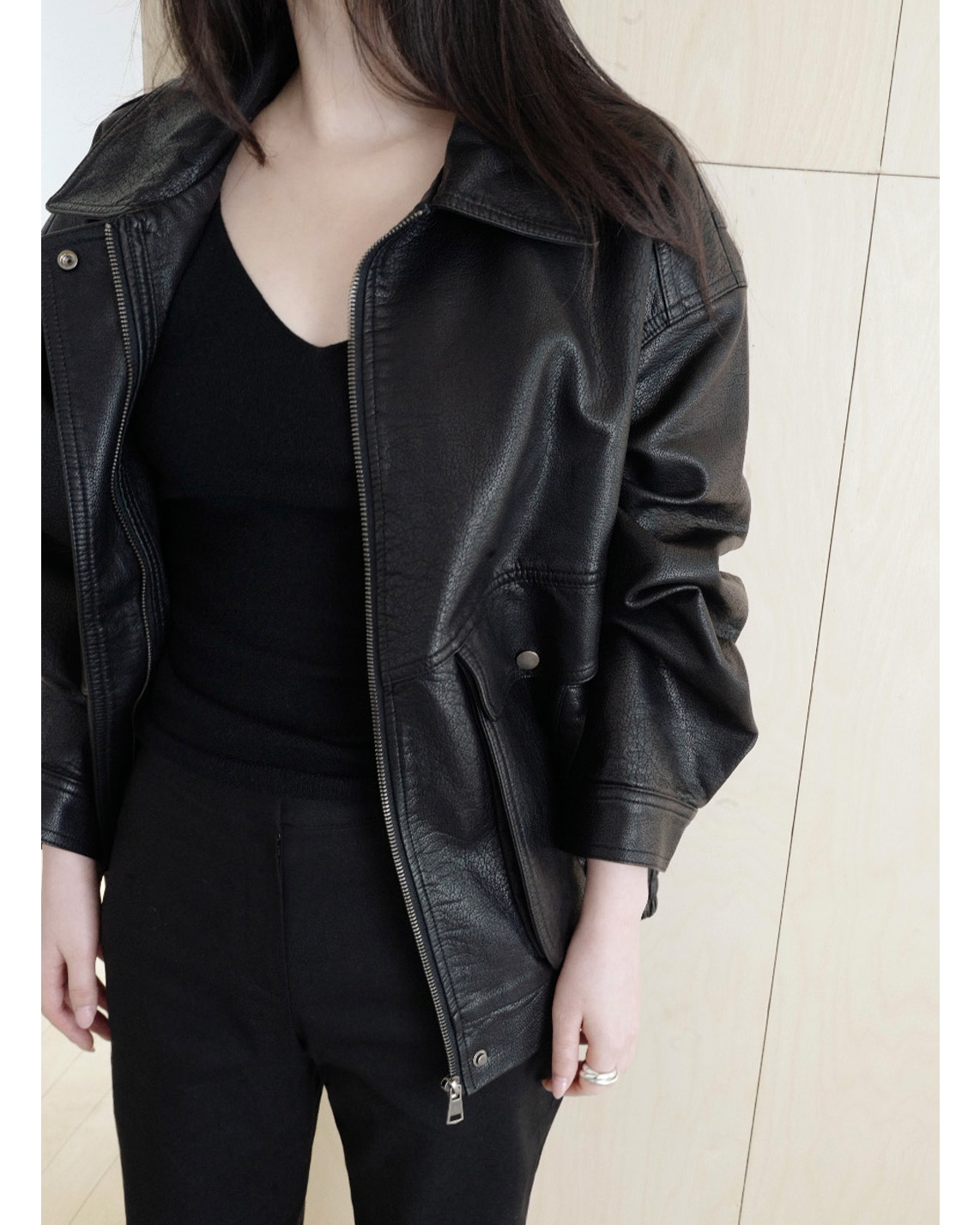 レザー調ボタンフラップポケット無地ジャンパー春秋 | 詳細画像12