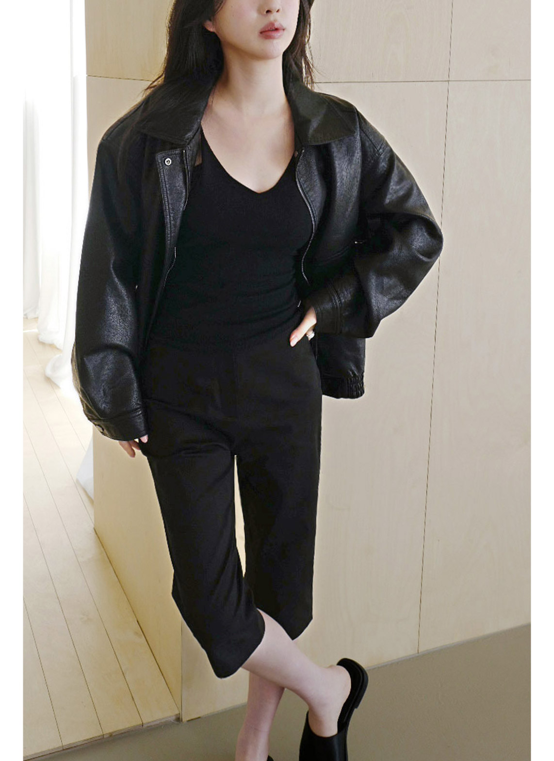 レザー調ボタンフラップポケット無地ジャンパー春秋 | 詳細画像3