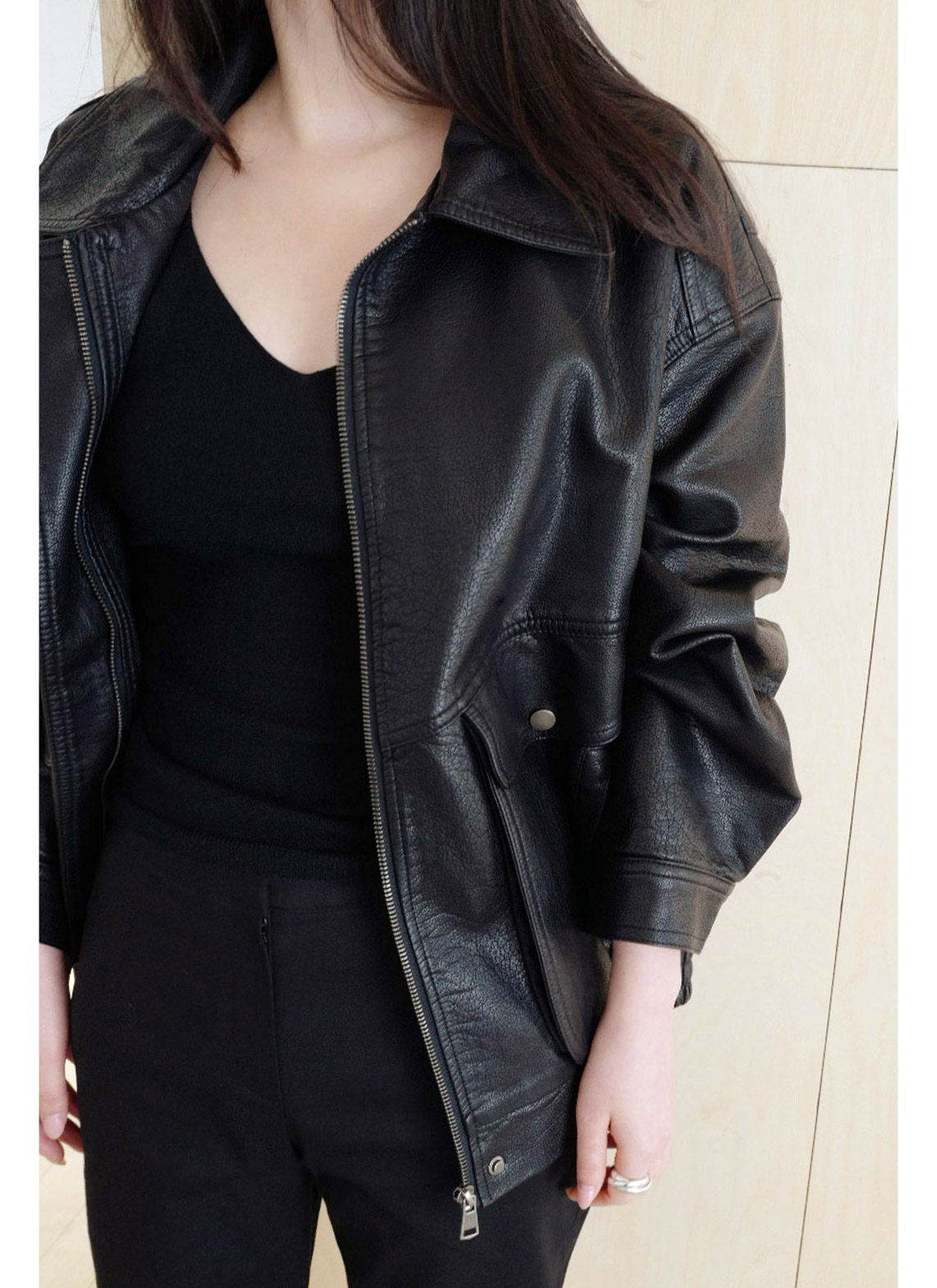 レザー調ボタンフラップポケット無地ジャンパー春秋 | 詳細画像10