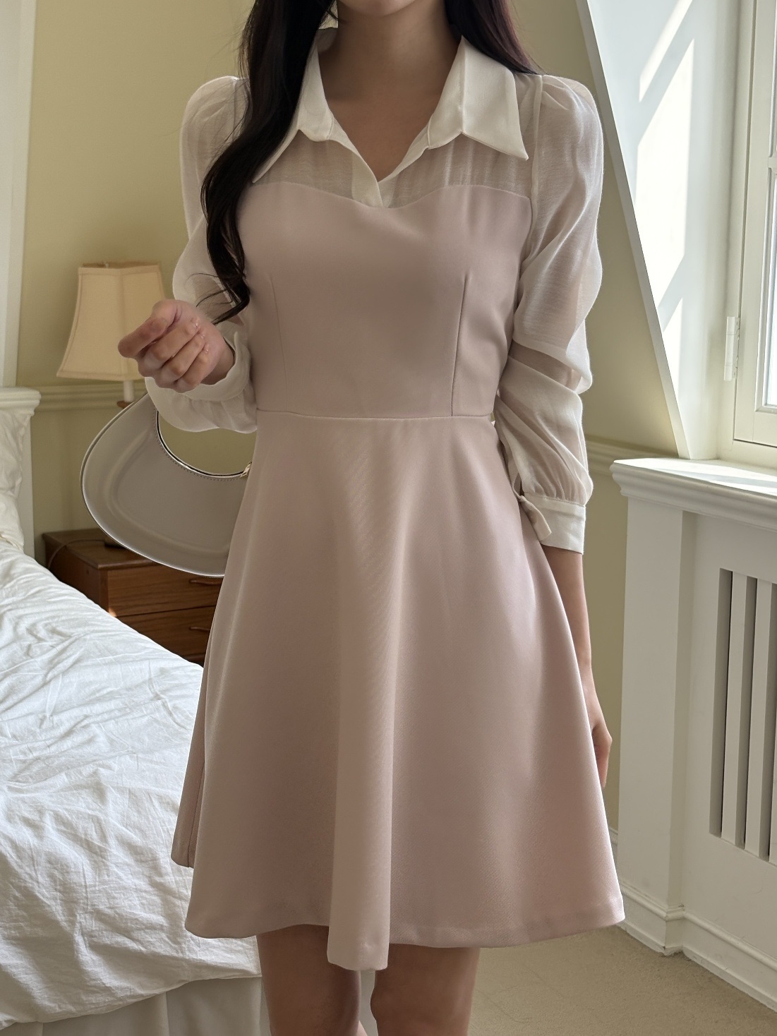 カラーラインパフスリーブレイヤード風長袖フレアボタンスリーブ配色ワンピース | 詳細画像2