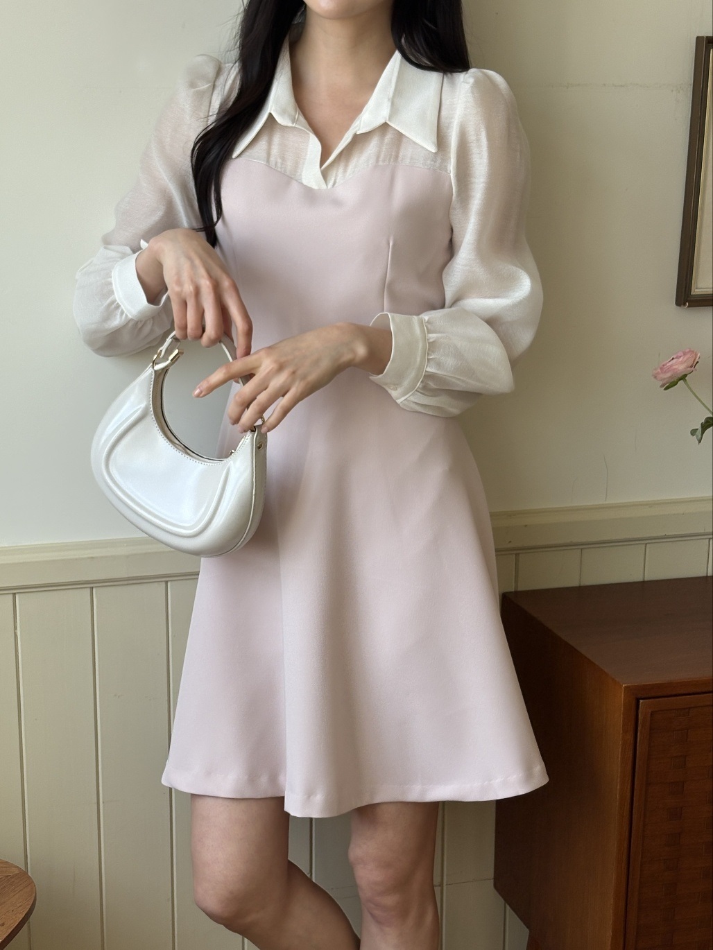 カラーラインパフスリーブレイヤード風長袖フレアボタンスリーブ配色ワンピース | 詳細画像5