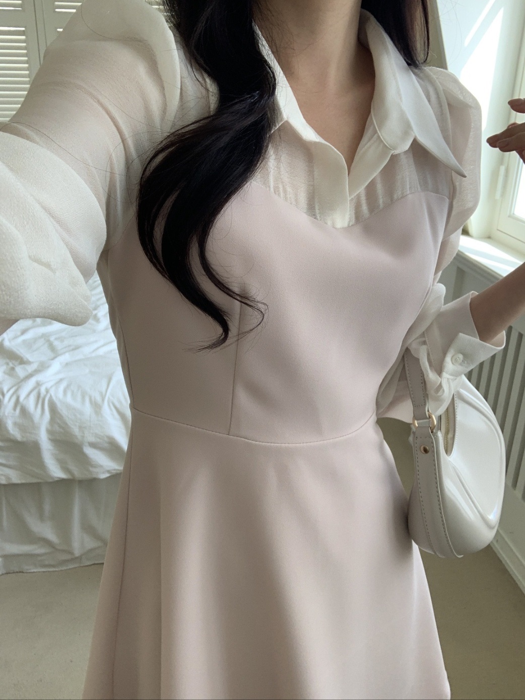 カラーラインパフスリーブレイヤード風長袖フレアボタンスリーブ配色ワンピース | 詳細画像7