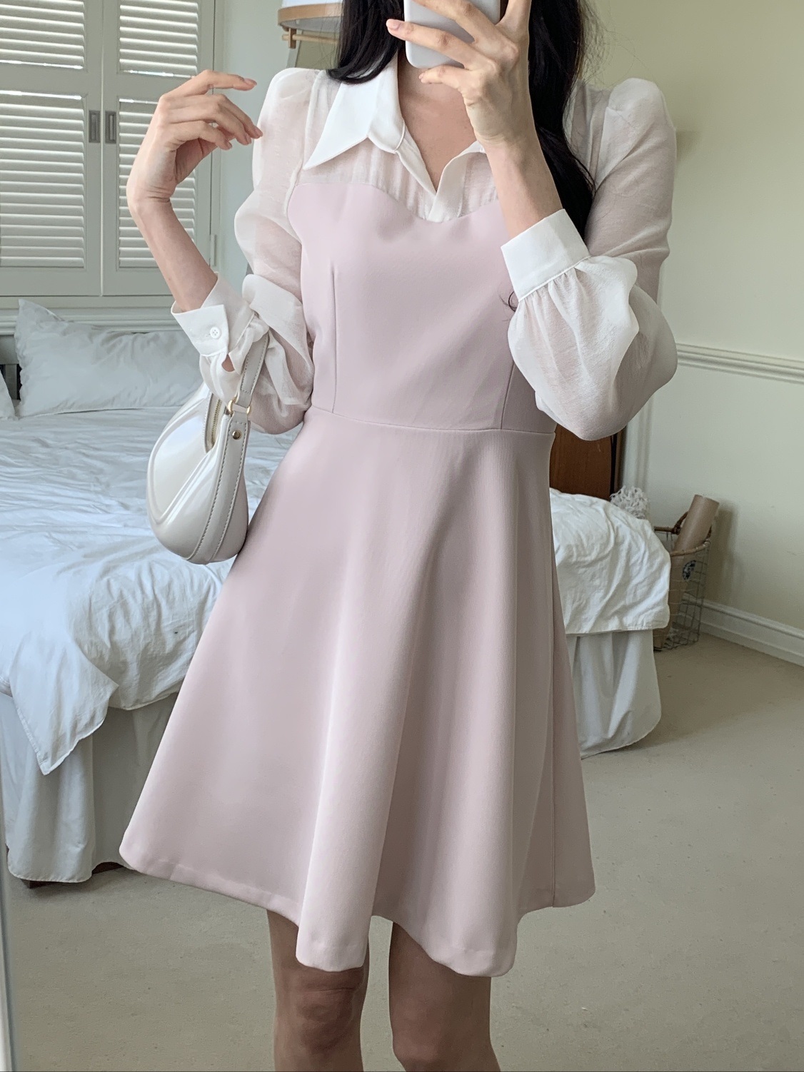 カラーラインパフスリーブレイヤード風長袖フレアボタンスリーブ配色ワンピース | 詳細画像8