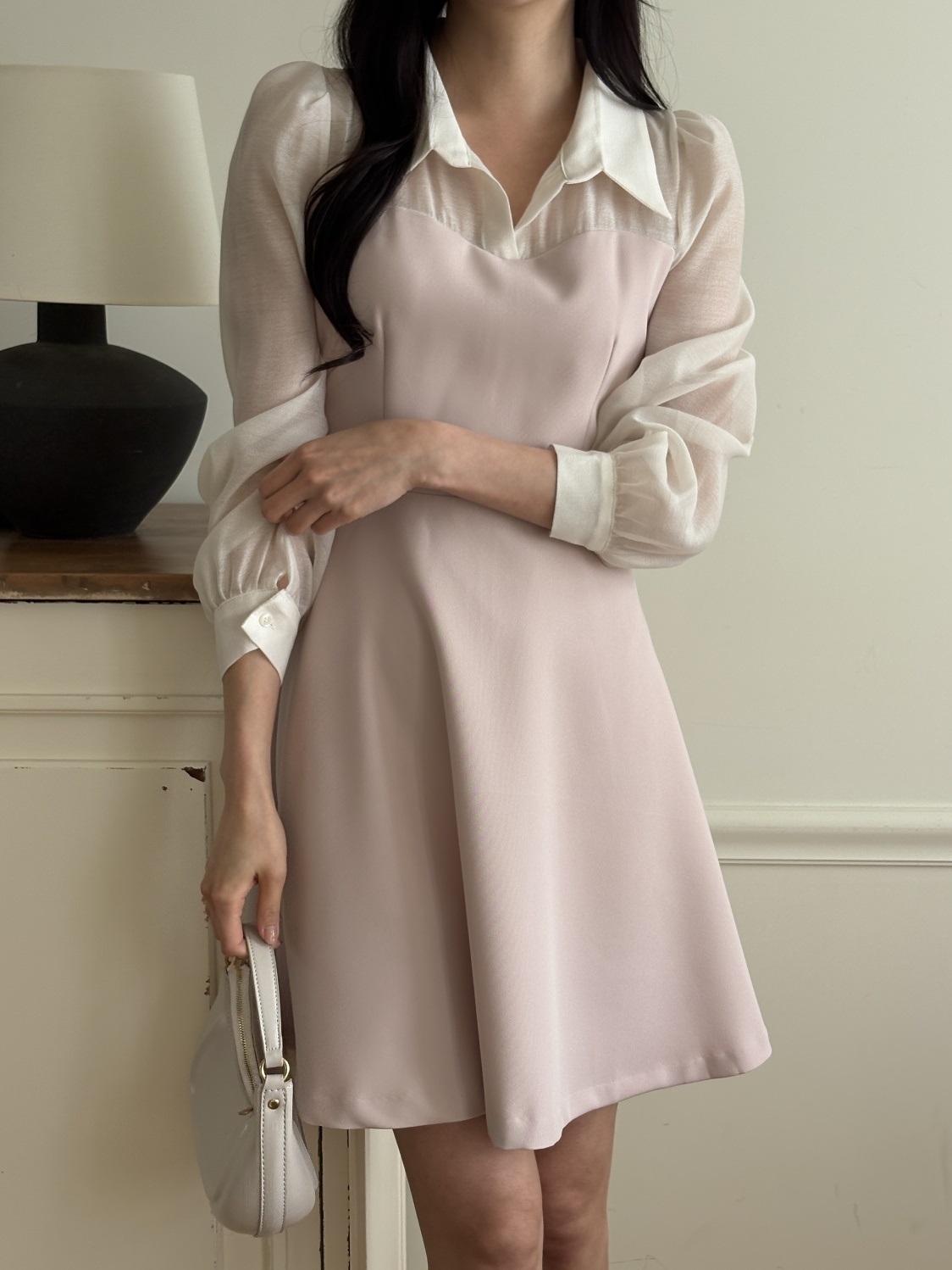 カラーラインパフスリーブレイヤード風長袖フレアボタンスリーブ配色ワンピース | 詳細画像11