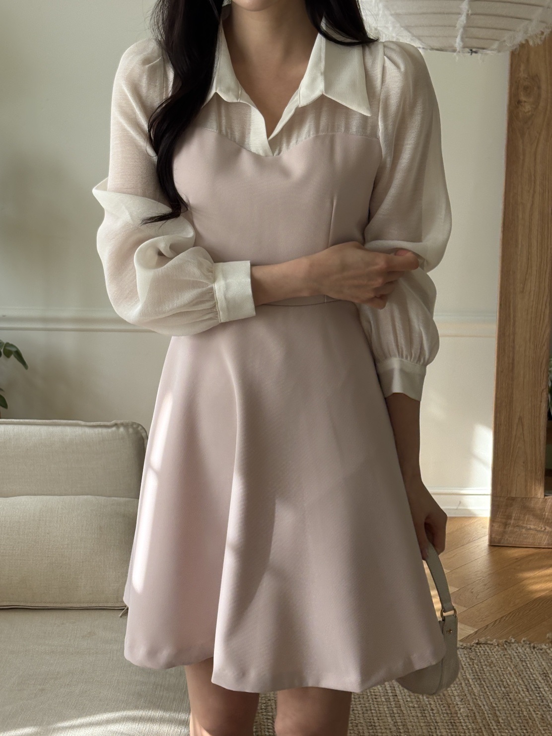 カラーラインパフスリーブレイヤード風長袖フレアボタンスリーブ配色ワンピース | 詳細画像15