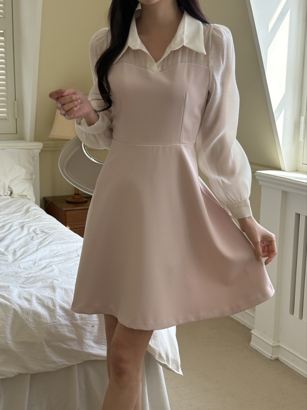 カラーラインパフスリーブレイヤード風長袖フレアボタンスリーブ配色ワンピース | 詳細画像19