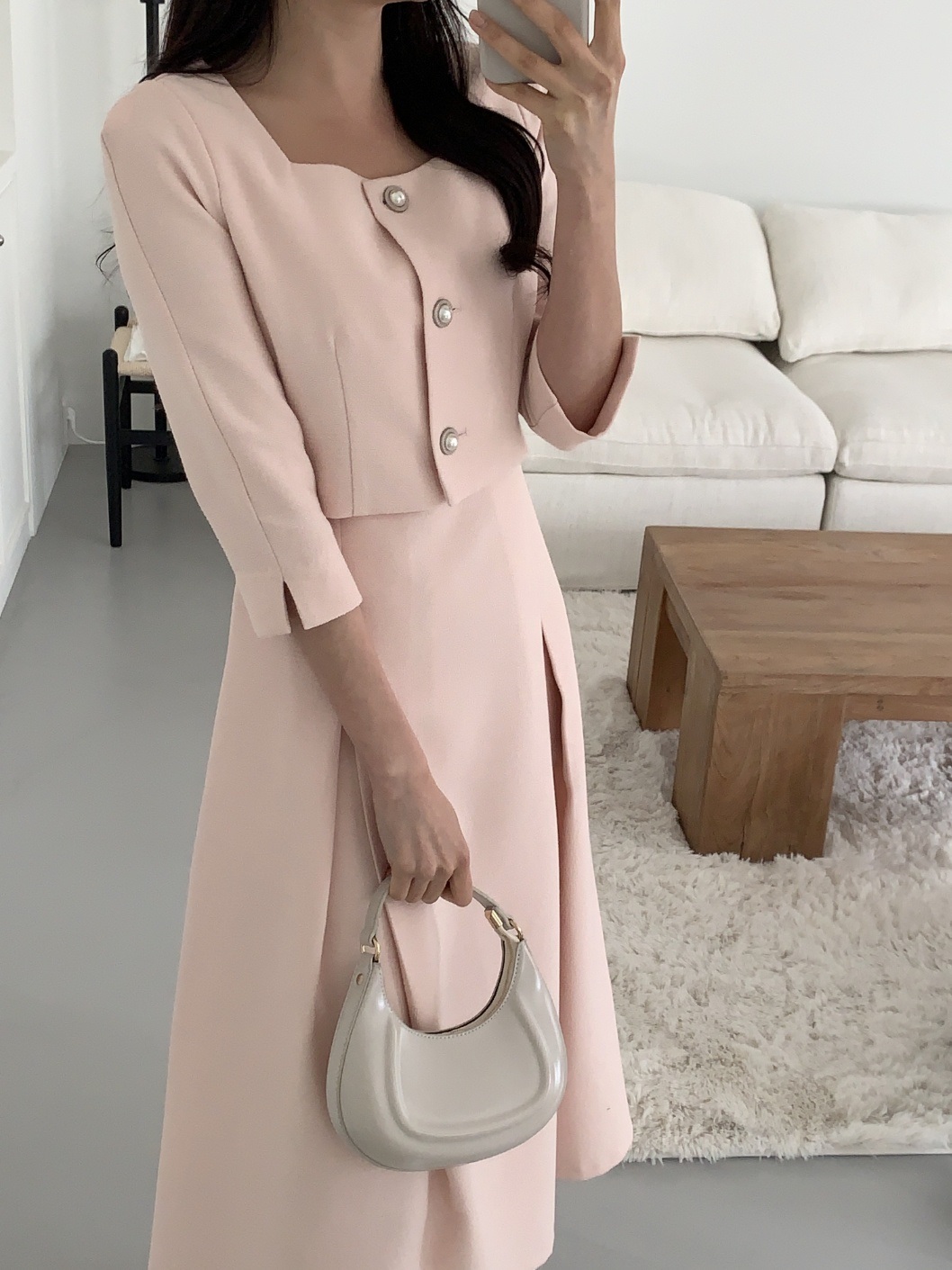 ジップアップスクエアネックピンタックパール調ボタンラインレイヤード風ロング7分袖ビジューボタンフレア無地ワンピース | 詳細画像14