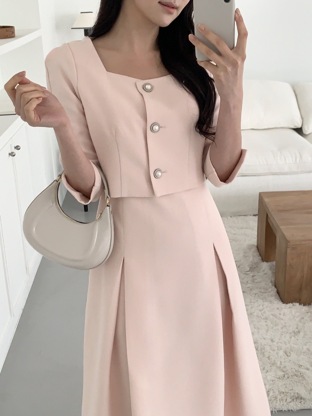 ジップアップスクエアネックピンタックパール調ボタンラインレイヤード風ロング7分袖ビジューボタンフレア無地ワンピース | 詳細画像16