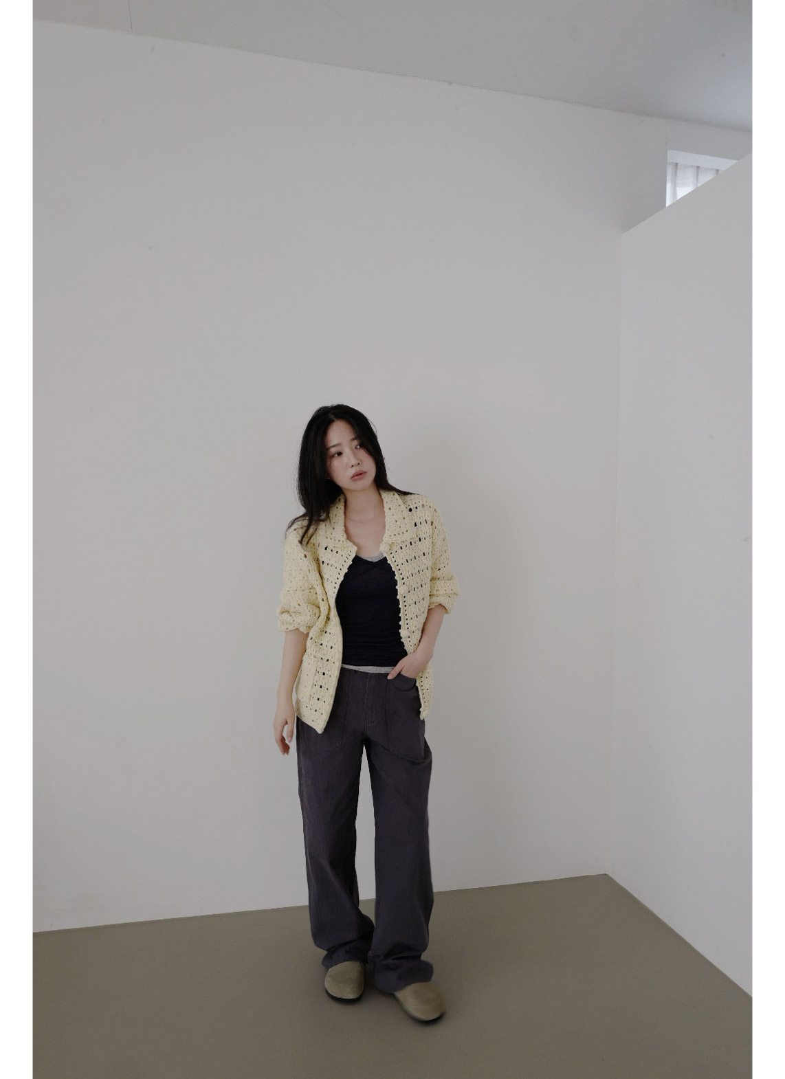 ウール混アクリルボタンクロシェカーディガン春秋 | 詳細画像2