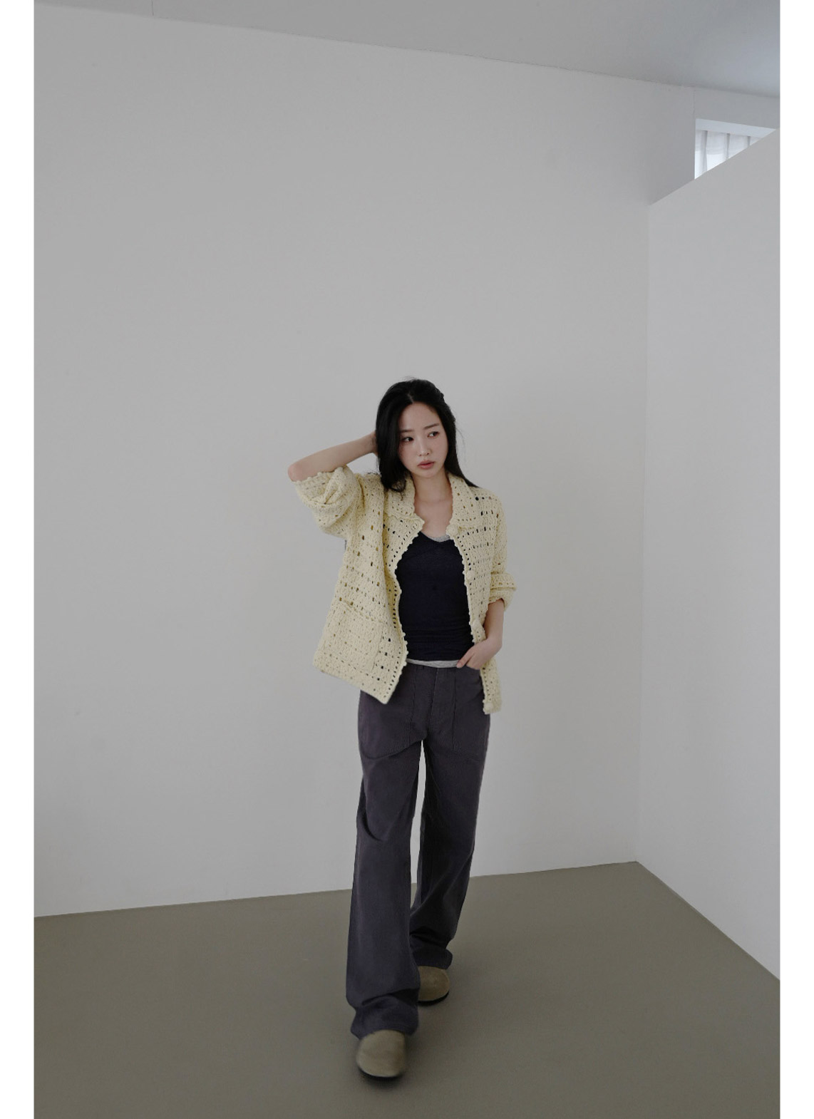 ウール混アクリルボタンクロシェカーディガン春秋 | 詳細画像3