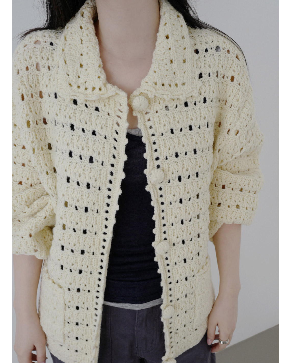 ウール混アクリルボタンクロシェカーディガン春秋 | 詳細画像10