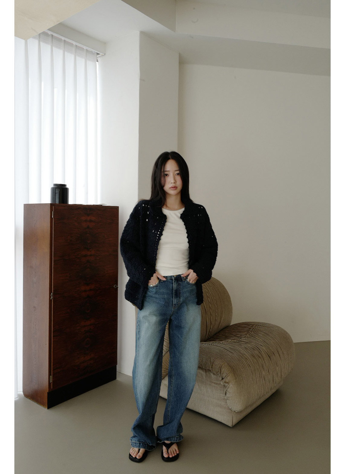 ウール混アクリルボタンクロシェカーディガン春秋 | 詳細画像11