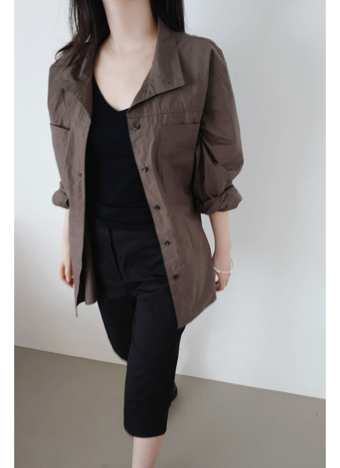 コットンボタンハイネック無地シャツ春秋 | 詳細画像8