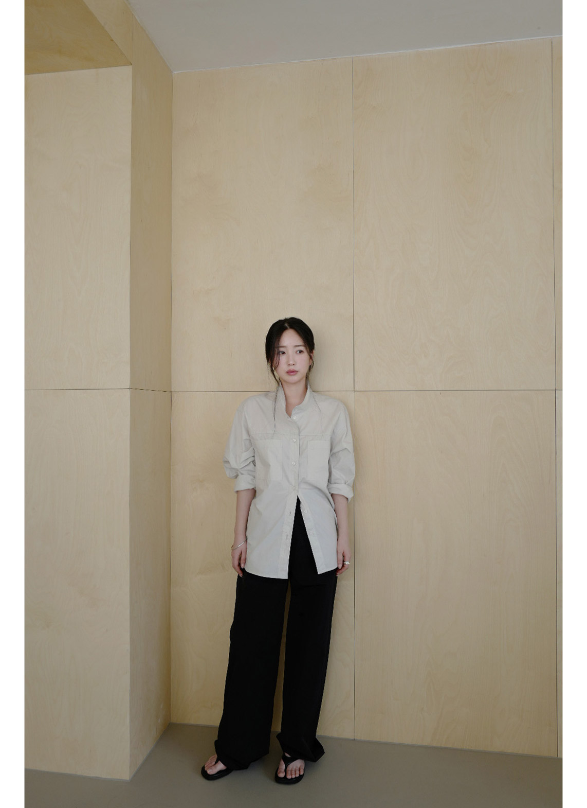 コットンボタンハイネック無地シャツ春秋 | 詳細画像9