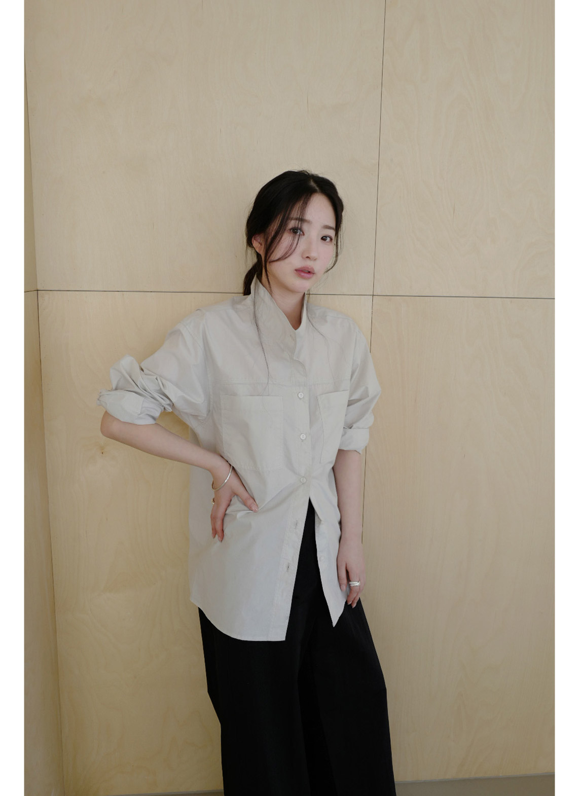 コットンボタンハイネック無地シャツ春秋 | 詳細画像11