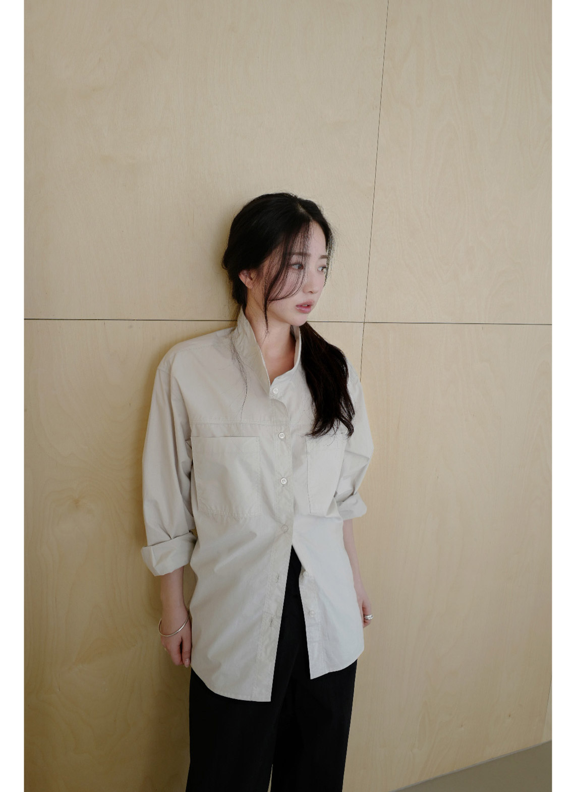 コットンボタンハイネック無地シャツ春秋 | 詳細画像12