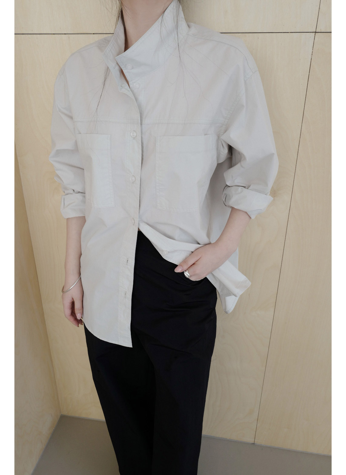 コットンボタンハイネック無地シャツ春秋 | 詳細画像14