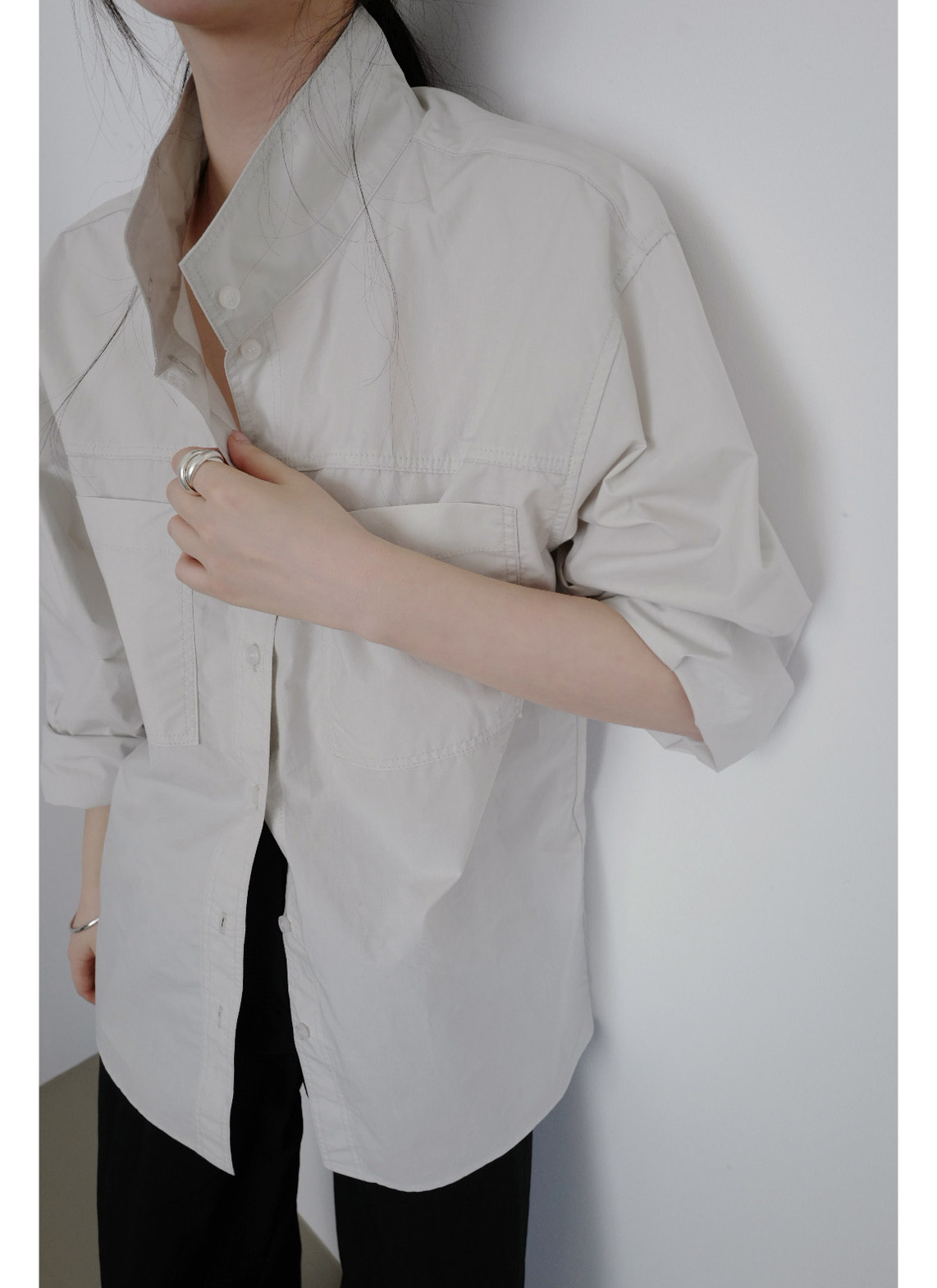 コットンボタンハイネック無地シャツ春秋 | 詳細画像17