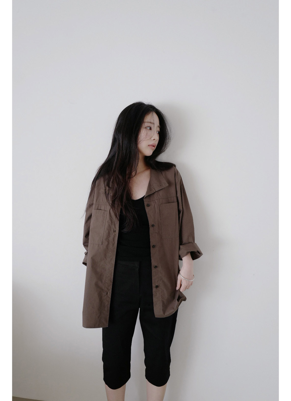 コットンボタンハイネック無地シャツ春秋 | 詳細画像4